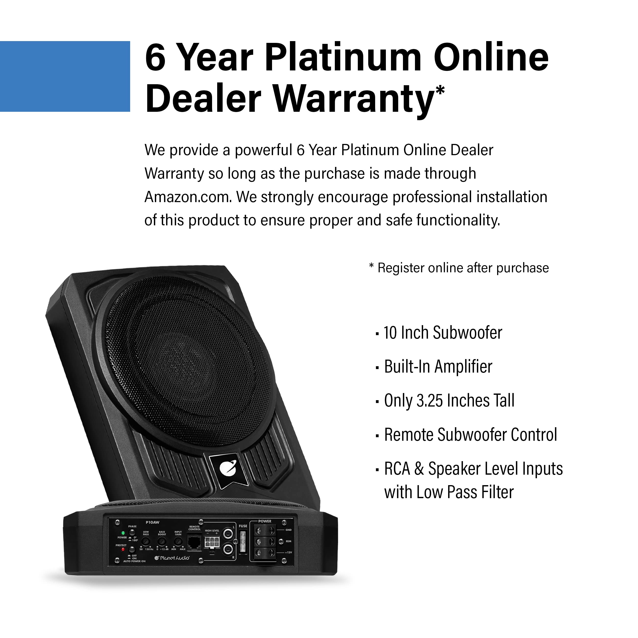 Planet Audio P10Aw Amplified Car Subwoofer - 1000 Watts, Low Profile, 10 Inch Subwoofer, Remote Subwoofer Control, Great For Veh