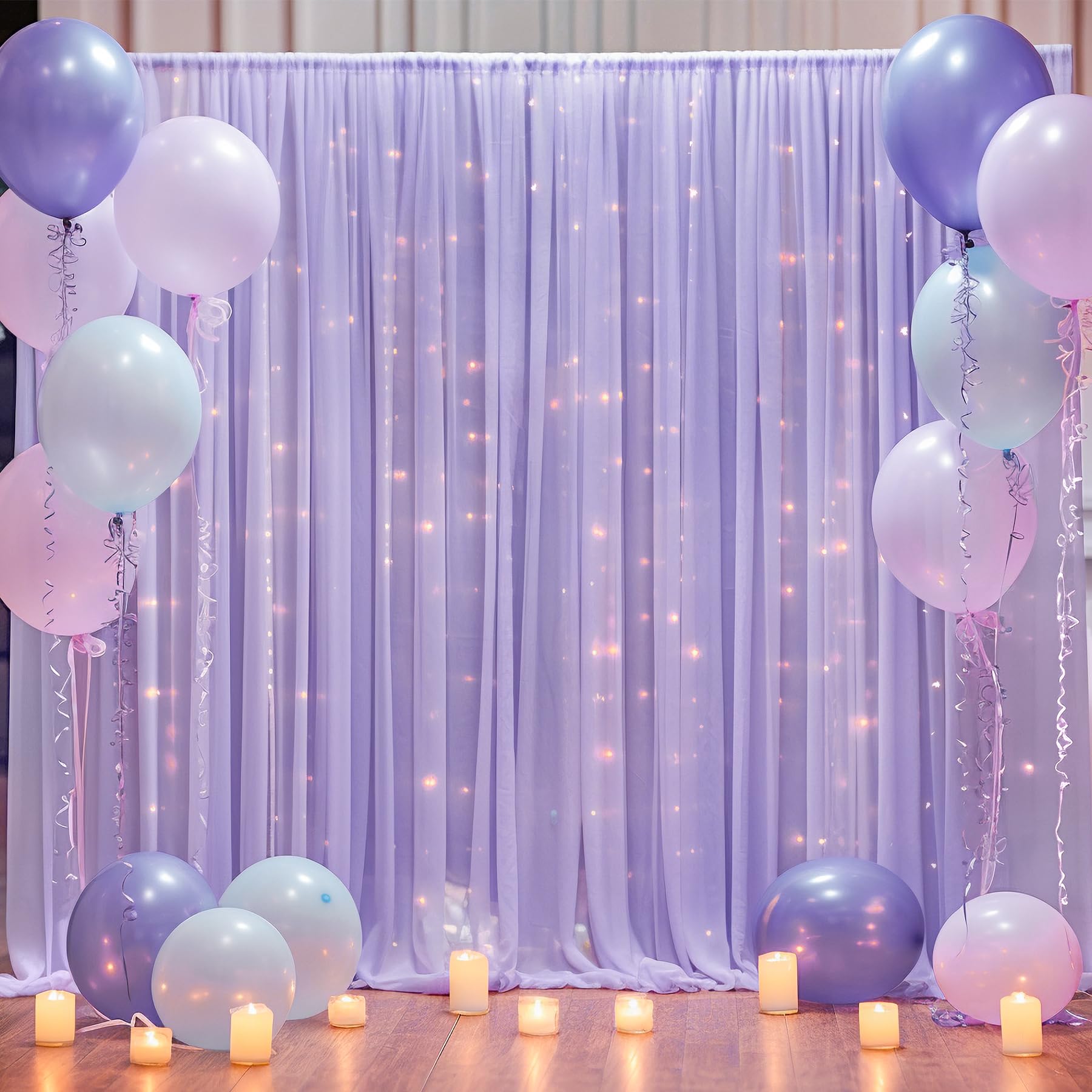 10  10Ft Purple Tulle Backdrop Curtain With Lights String For Parties, Sheer Curtain Backdrop Drapes For Wedding Party Home Deco