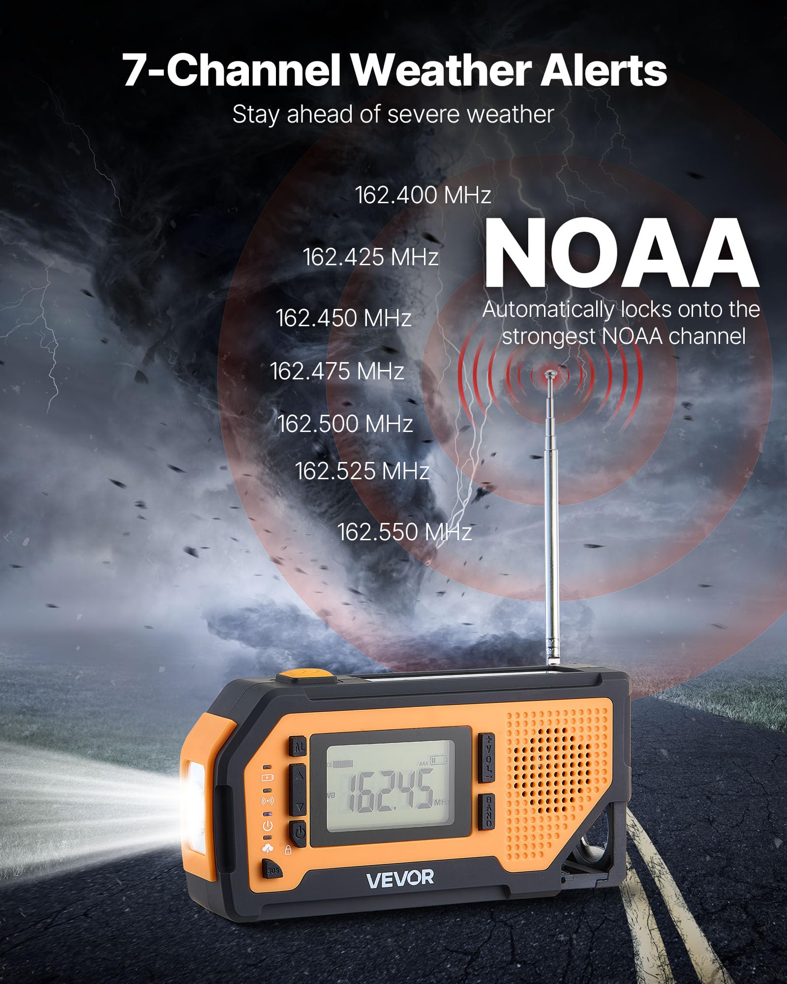 Vevor Emergency Weather Radio, 2000Mah Battery, Fm/Am/Wb/Noaa Alert Solar Hand Crank Emergency Radio, With Usb Charging Cable, S