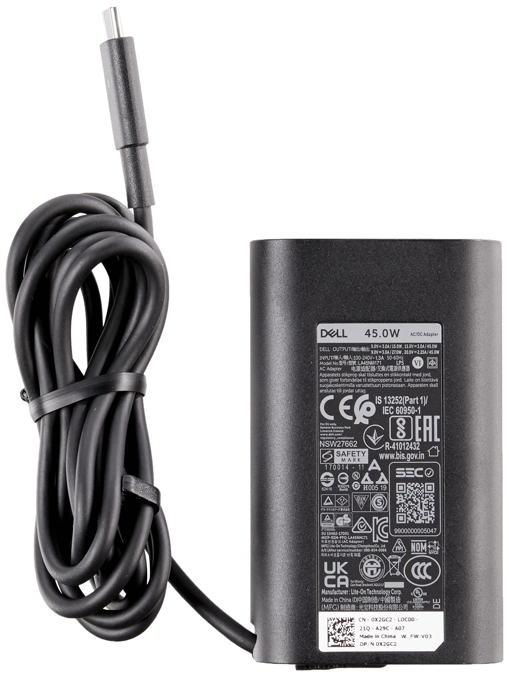 Dell Slim Usb-C 45-Watt Laptop Charger, Type-C Power Adapter, Ac Adapter 1 Meter Cord, Oem Components - Black