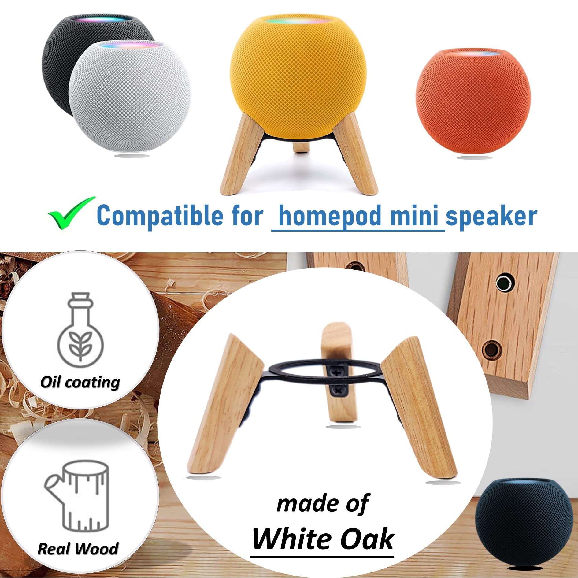 Real Wood Stand For Homepod Mini,Wooden Tripod With Metal Frame,Safe Stable Holder Mount With Anti Slip Silicone Pad Protects Home Pod Mini Smart Speaker(Color:White Oak)