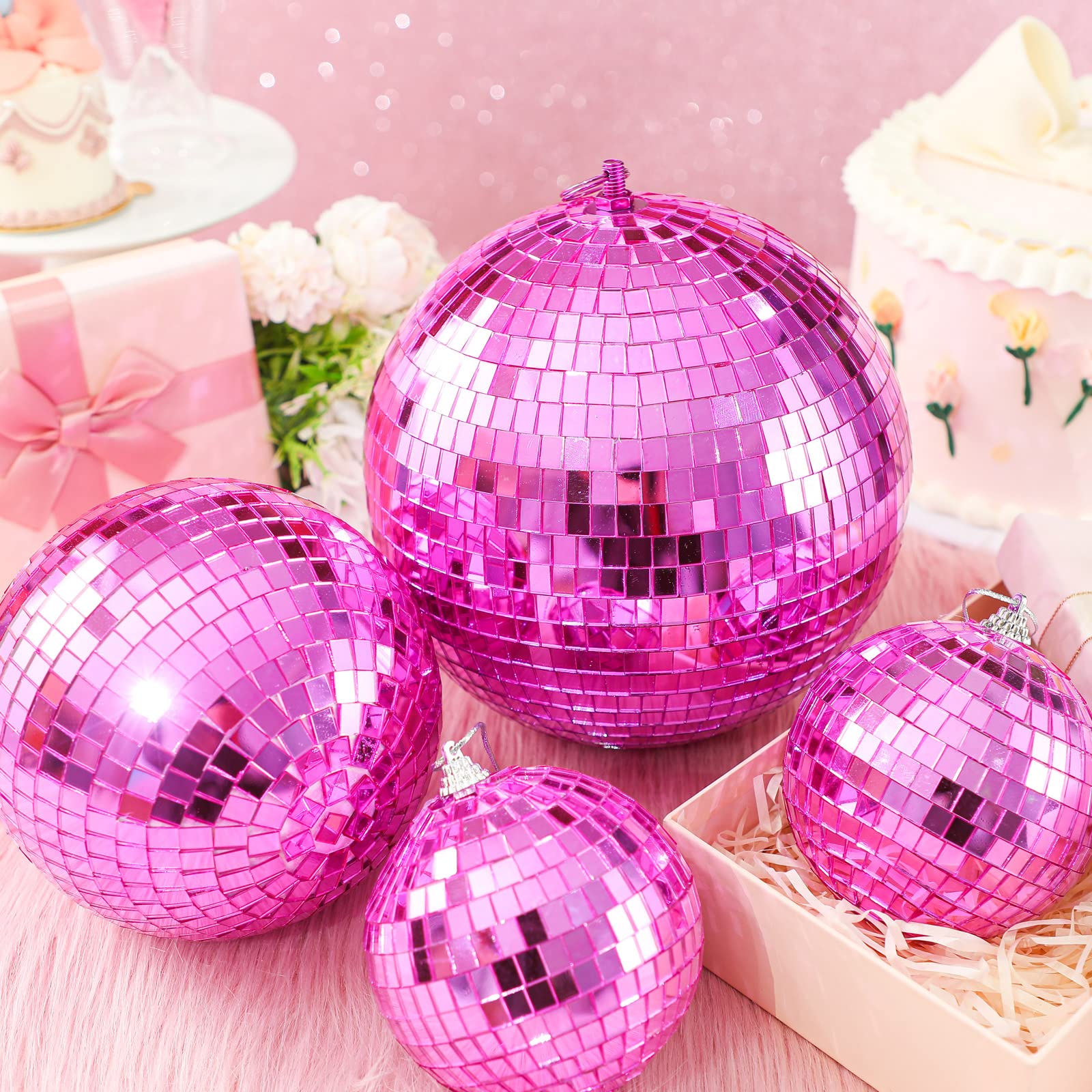 4 Pcs Large Pink Disco Ball Mirror Disco Ball 70S Mellow Pink Disco Ball Hanging Disco Ball Stage Lightning Effect Ball For 70S