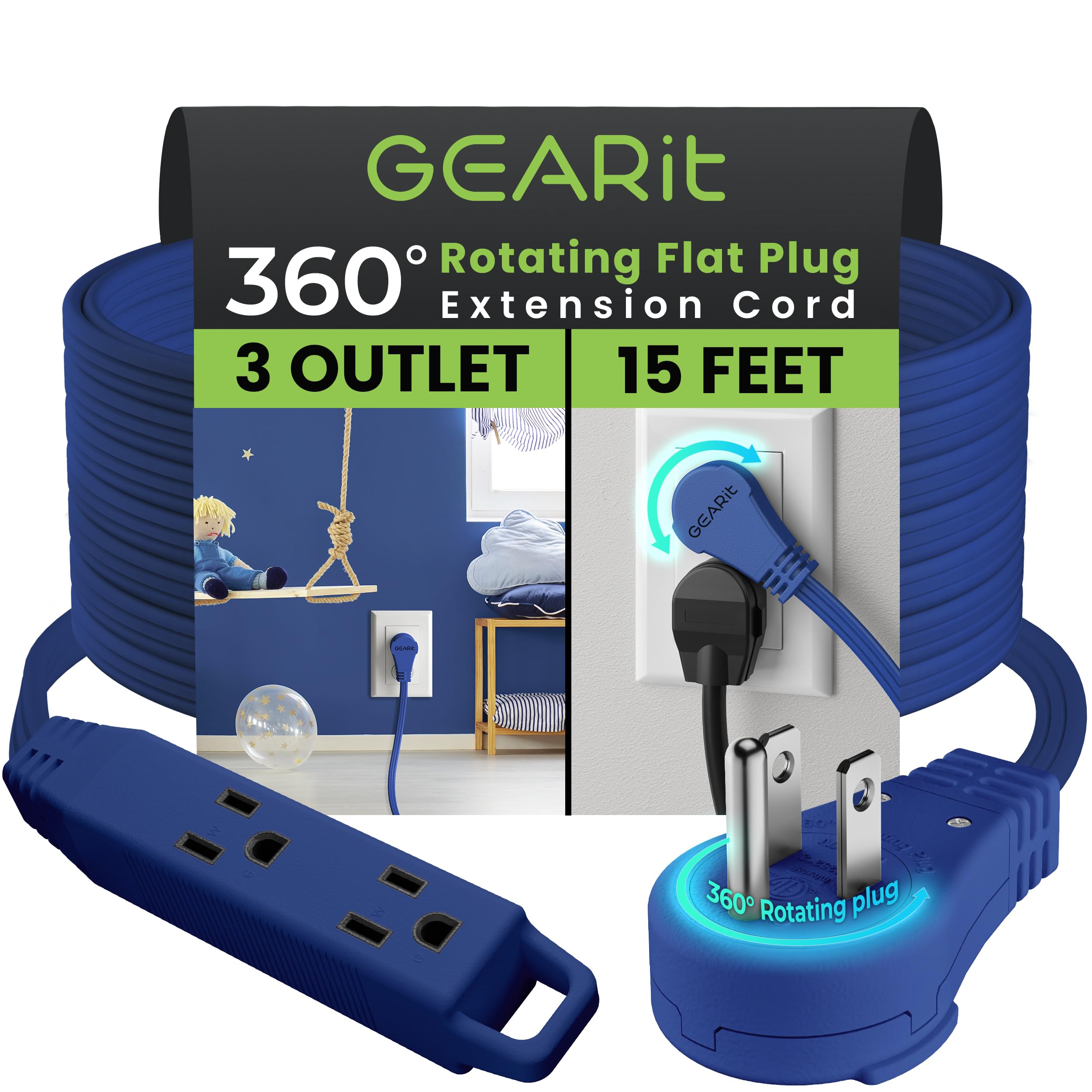 Gearit 360 Rotating Flat Plug Extension Cord With 3 Outlets (15Ft, Navy) 16Awg/13A 3 Prong Wire, Outlet Saver For Home Office Do