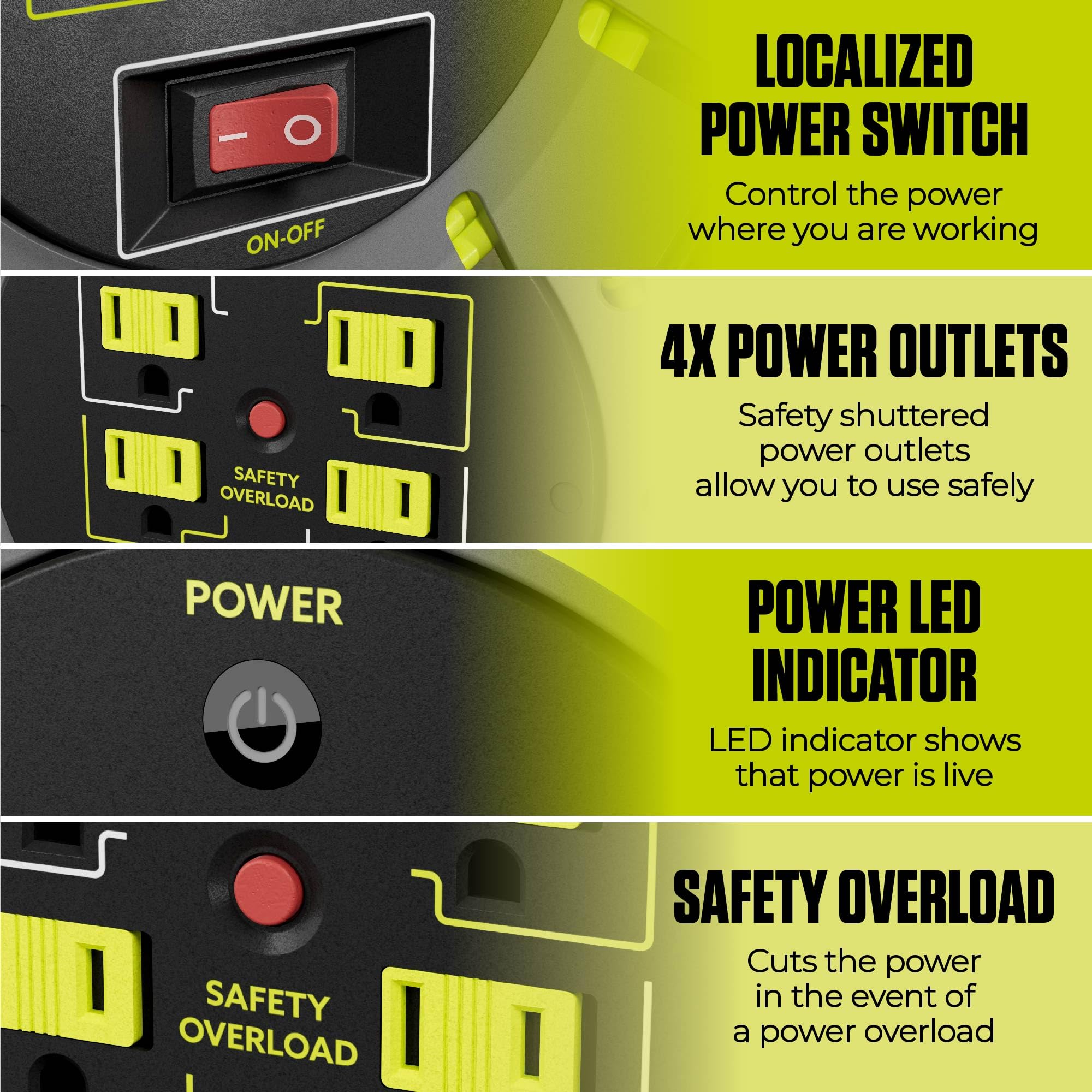 Masterplug 80Ft Cord Reel, Retractable Extension Lead With Winding Handle, Safety Overload Circuit Breaker And Power Switch, 4X