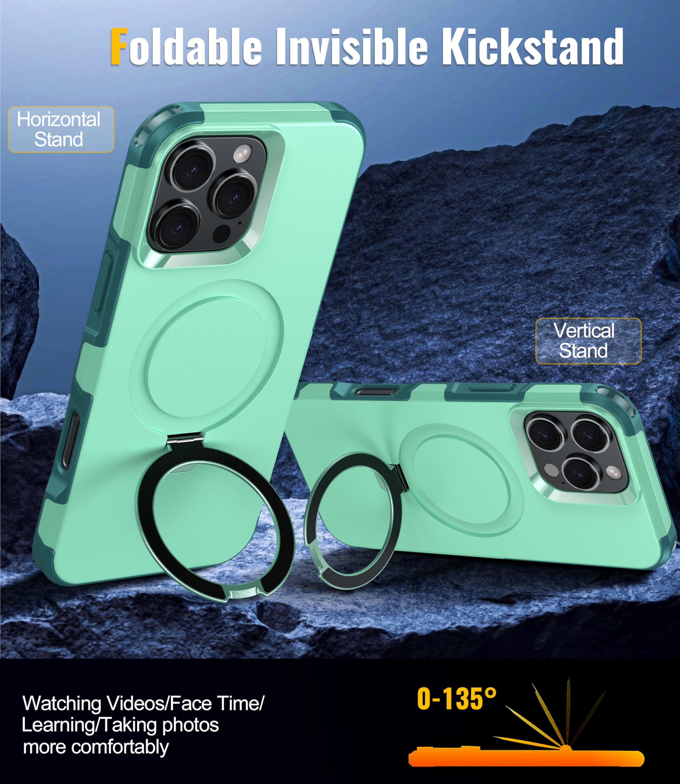 Oterkin Magnetic For Iphone 16 Pro Max Case Compatible With Magsafe [Foldable Invisible Stand][Tempered Glass Screen Protector &