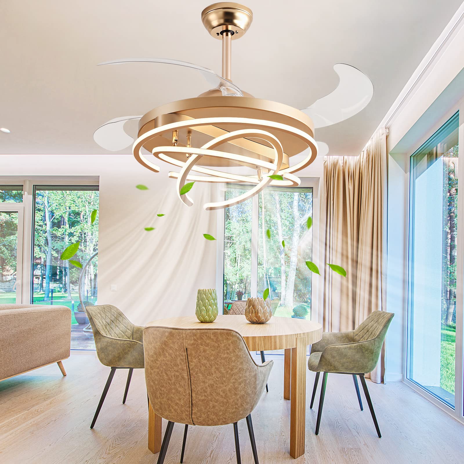 LWestine 42 Retractable Ceiling Fans with Lights Remote Control, Modern Ceiling Fan Rings LED Chandeliers, Invisible Ceiling Fan