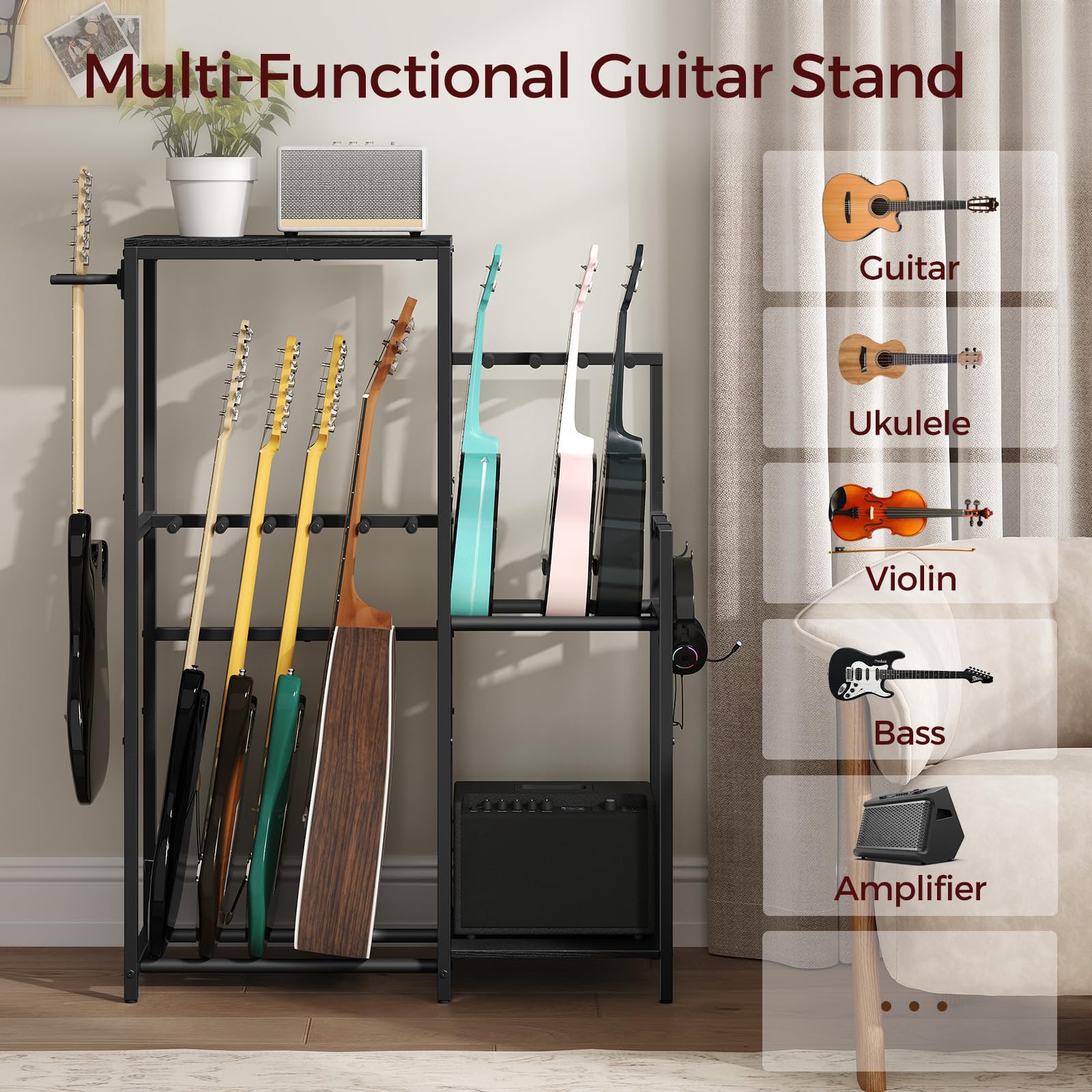 Mahancris Multi-Guitar Rack, For Acoustic, Electric, Bass, Ukulele, Banjo, 5 Guitars, Amp Stand, Record Rack, Accessory Holder,