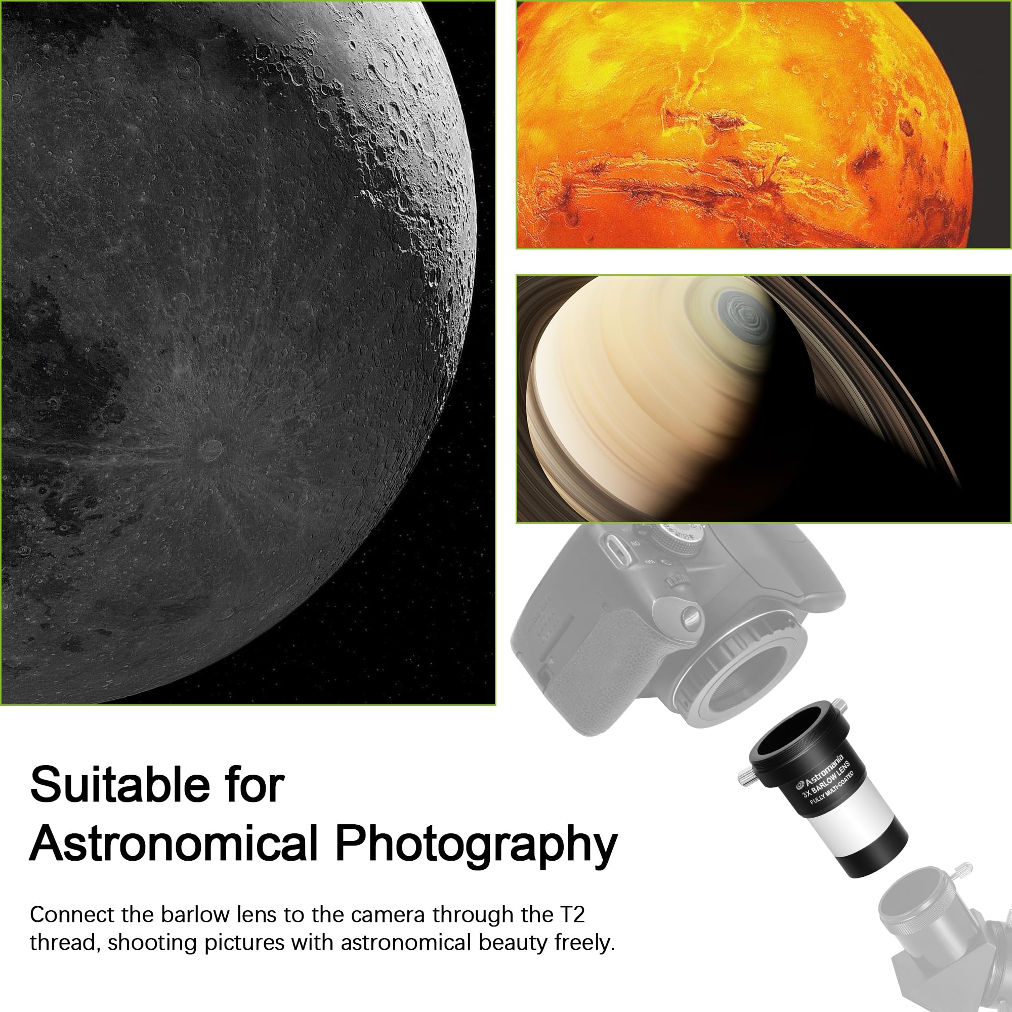 Astromania 3X Barlow Lens 1.25 Inch Fully Multi Coated Metal Short Focus Barlow Lens Internal Brass Ring & Two Fixing Thumbscrew