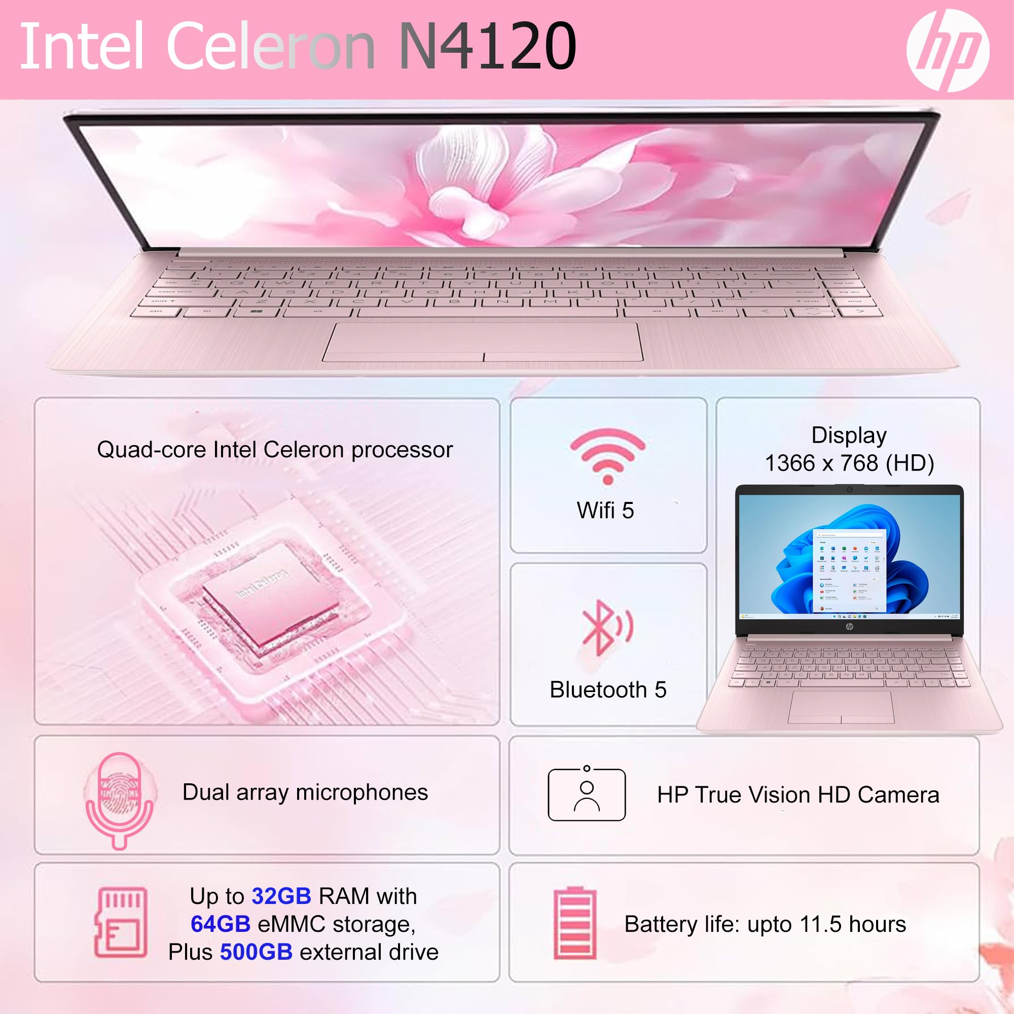 Hp Ultralight 14 Inch Laptop With Intel 4 Core Processor With Microsoft 365 And Wireless Earbuds 8Gb Ram 128Gb External & 64Gb O