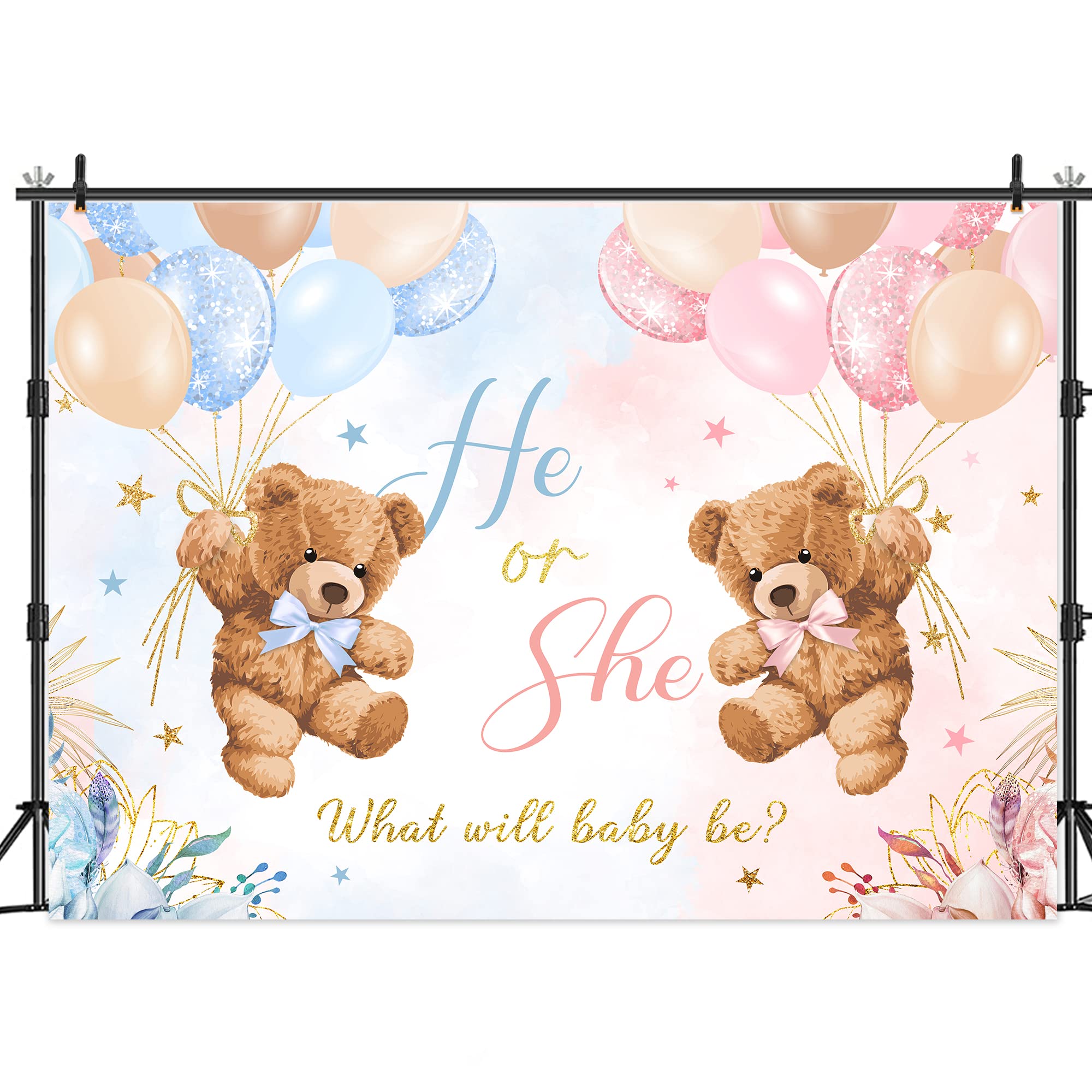Lightinhome Bear Gender Reveal Backdrop 8Wx6H Feet For He Or She Pink Or Blue Boho Floral Balloons Cute We Can Bearly Wait Baby