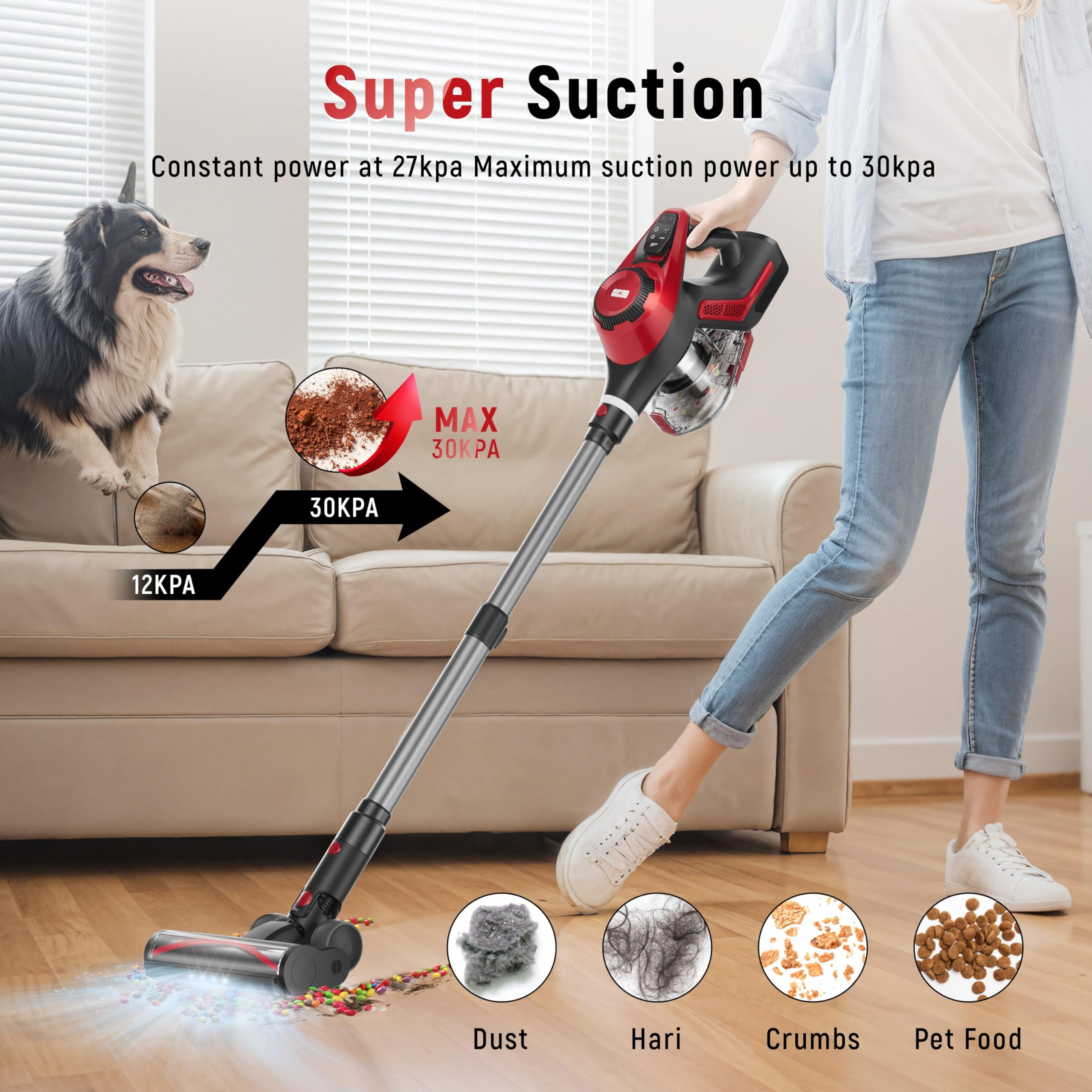 Cordless Vacuum Cleaner, 30Kpa Home Stick Vacuum, Smart Display & 1.5L Dust Cup, 55Mins Max Runtime, Rechargeable Lightweight Ha