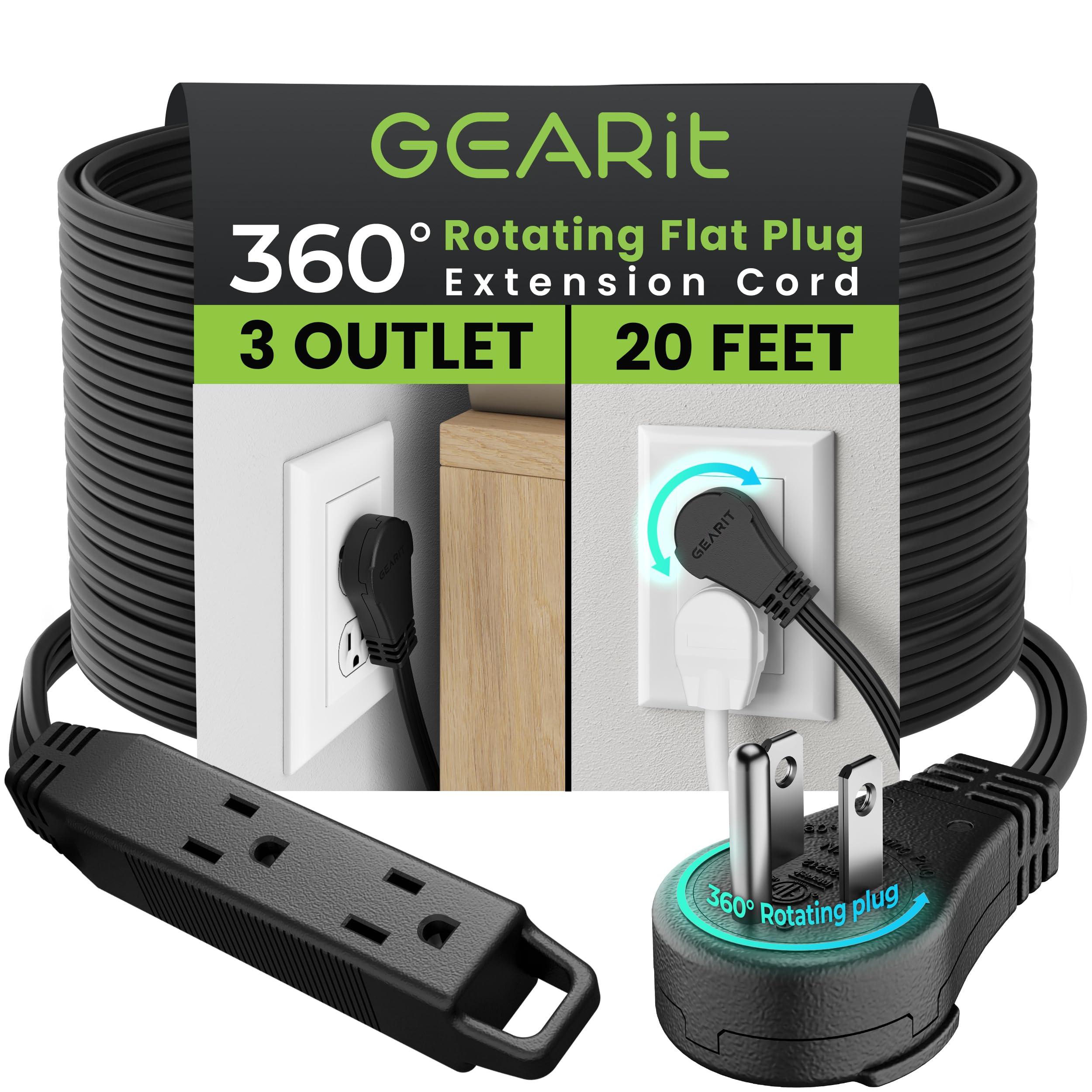 Gearit 360 Rotating Flat Plug Extension Cord (20Ft, Black) Multi 3 Outlet Extension 16 Awg Wire, Adapter For Small Spaces, Right
