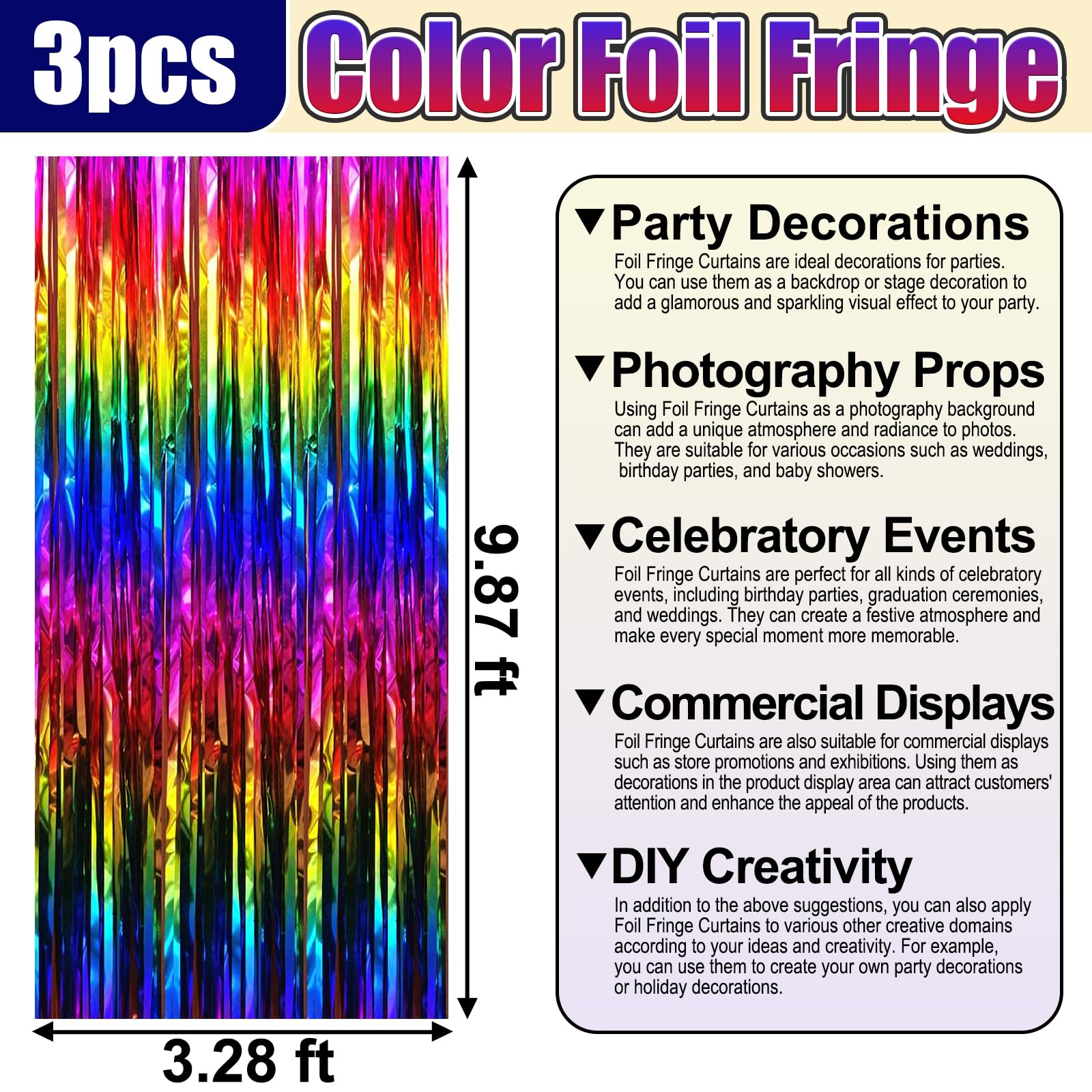 3 Pack Rainbow Foil Fringe Curtain Backdrop, 3.28Ft X 9.8Ft Metallic Tinsel Foil Fringe Streamer Curtains For Photo Booth, Chris