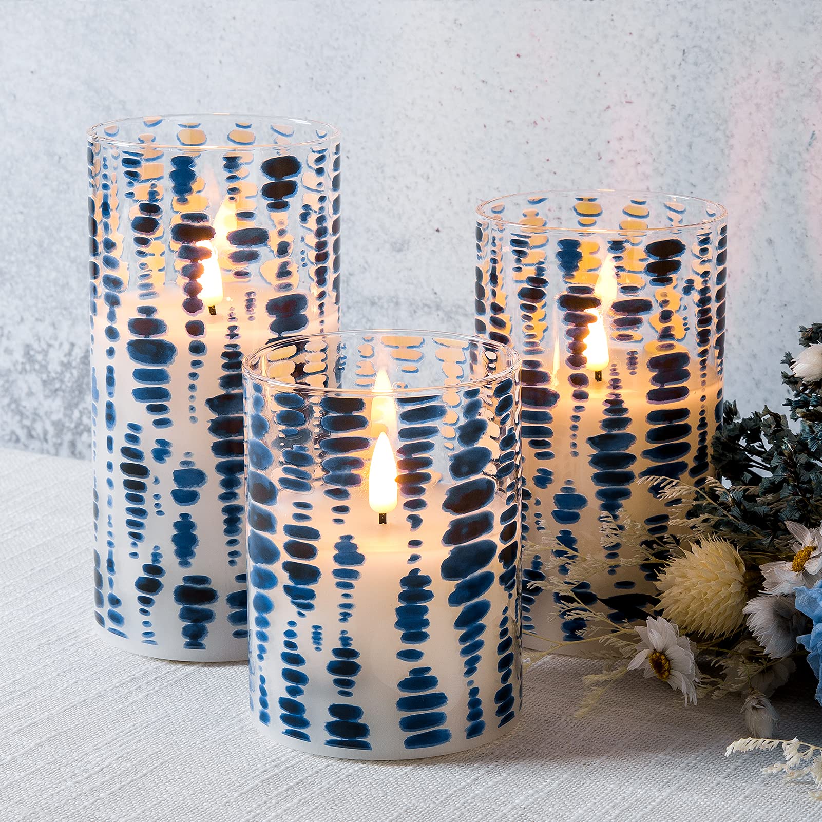 Eywamage Blue Dots Flameless Candles In Glass Jars, Flickering Battery Led Pillar Candles With Remote Set Of 3