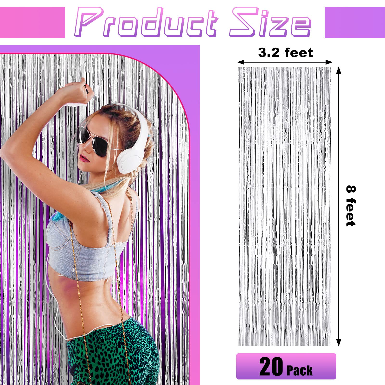 20 Pcs Foil Curtains Fringe Curtains 3.28 X 8.2 Ft Metallic Tinsel Backdrop Curtains For Party Photo Backdrop Wedding Birthday P