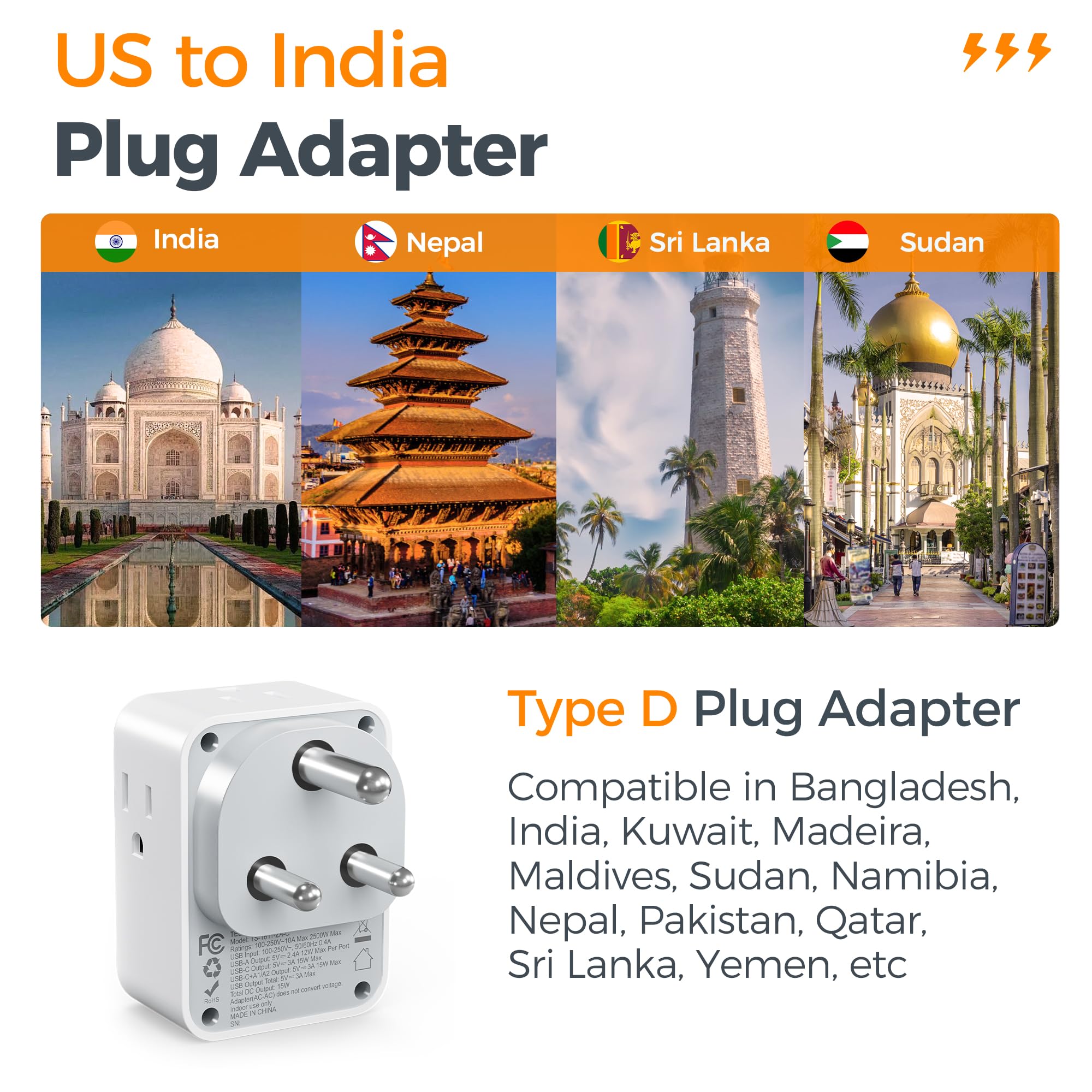 Us To India Plug Adapter 2 Pack, Tessan Type D Travel Adapter With 4 Ac Outlets 3 Usb Ports (1 Usb C), 7 In 1 India Travel Plug
