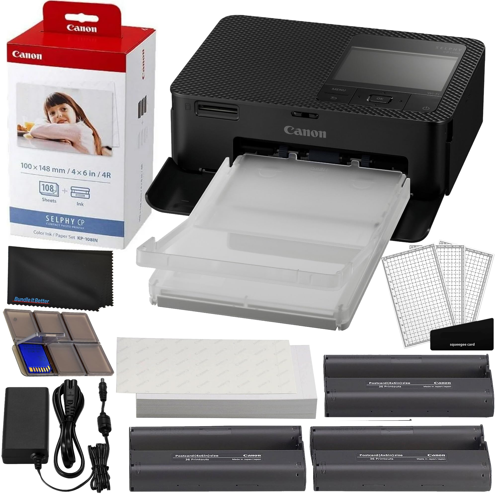 Canon Selphy CP1500 Wireless Compact Photo Printer (Black) Bundle with KP-108IN Color Ink Paper Set (108 Sheets of 4x6 Paper + 3