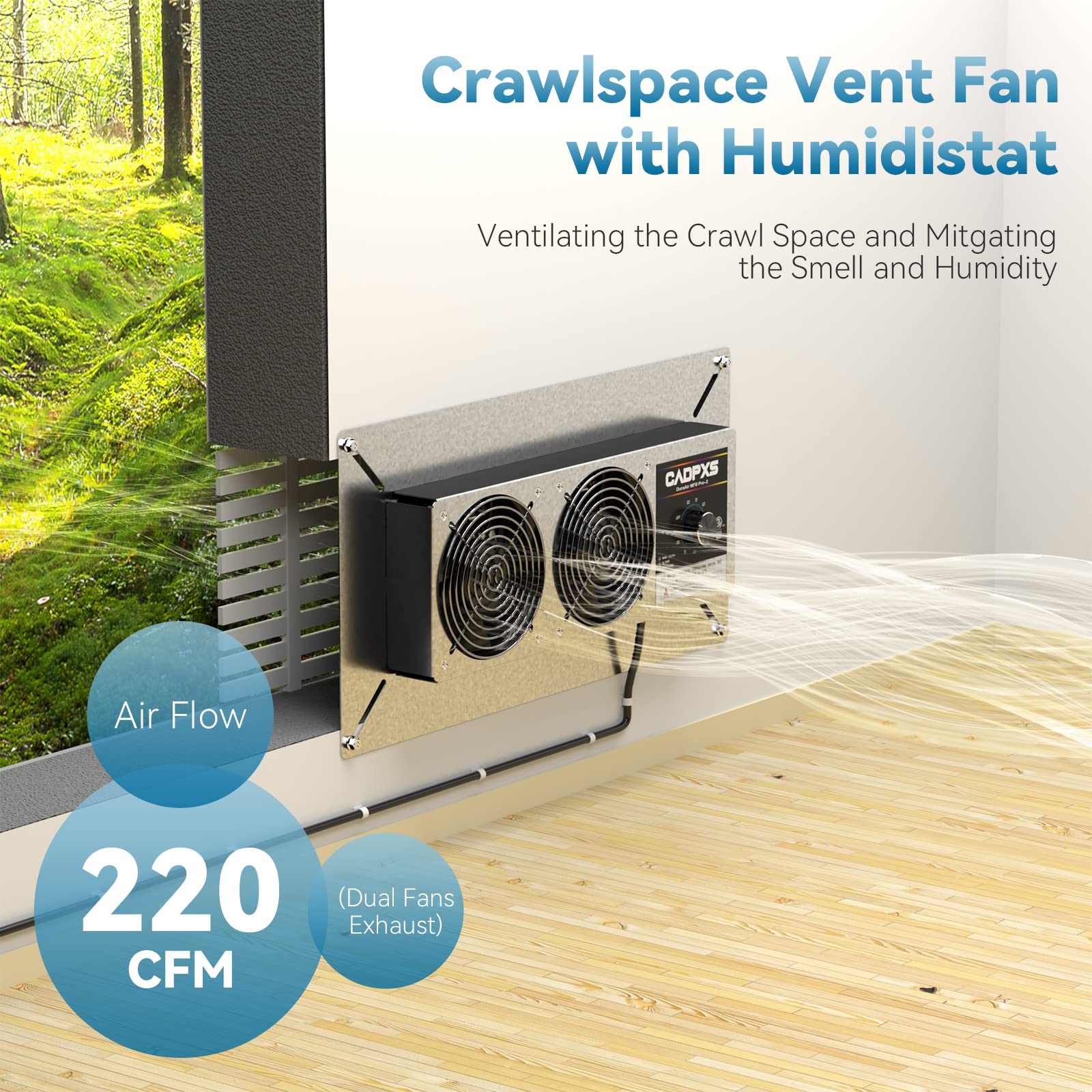 Cadpxs Crawlspace Ventilation Fan, Crawlspace Fan Vent With Humidistat, Dehumidistat & Freeze Protection Thermostat, For Crawl S