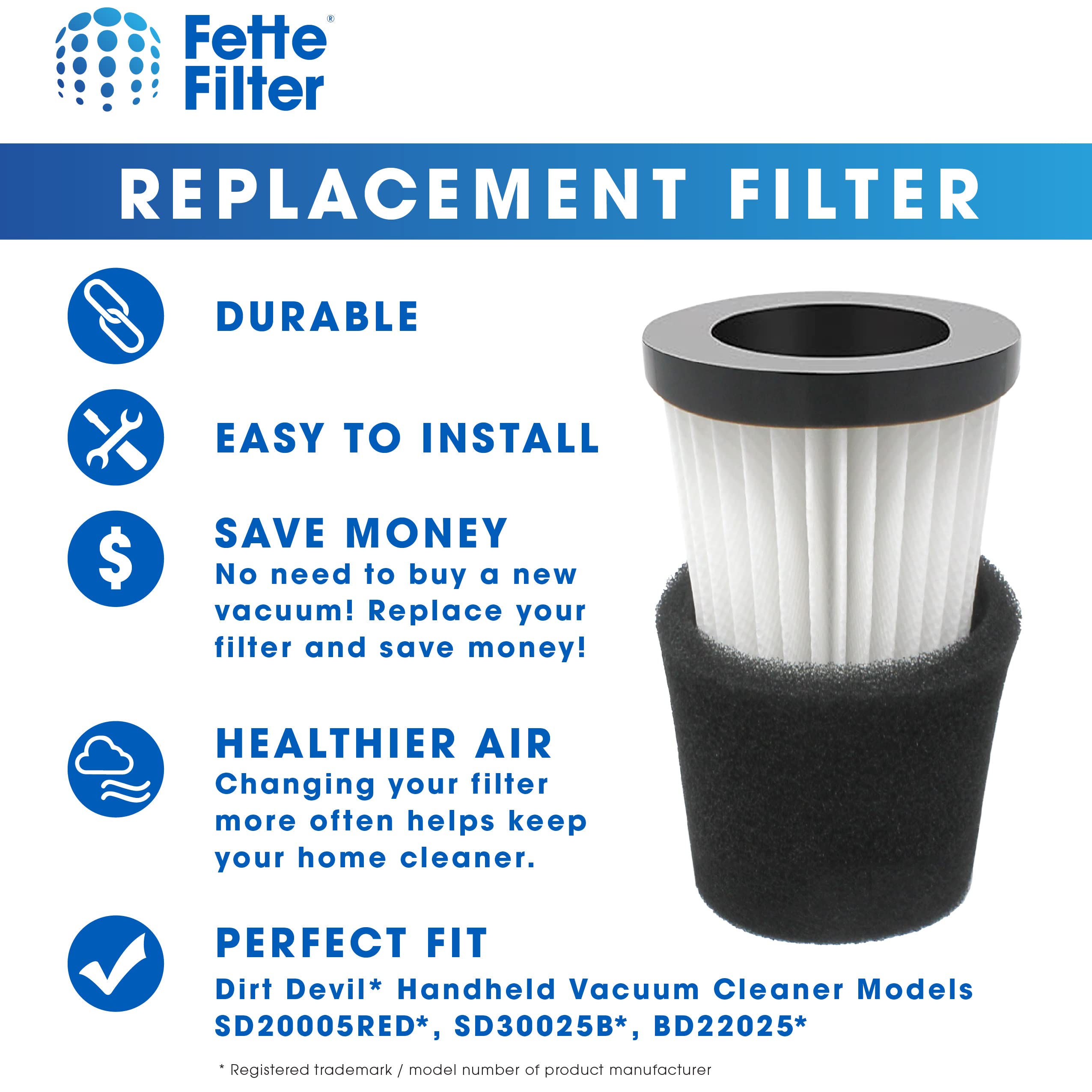 Fette Filter   F117 Replacement Vacuum Cleaner Filter With Compatible With Dirt Devil Handheld Vacuum Cleaner Models Sd20005Red,