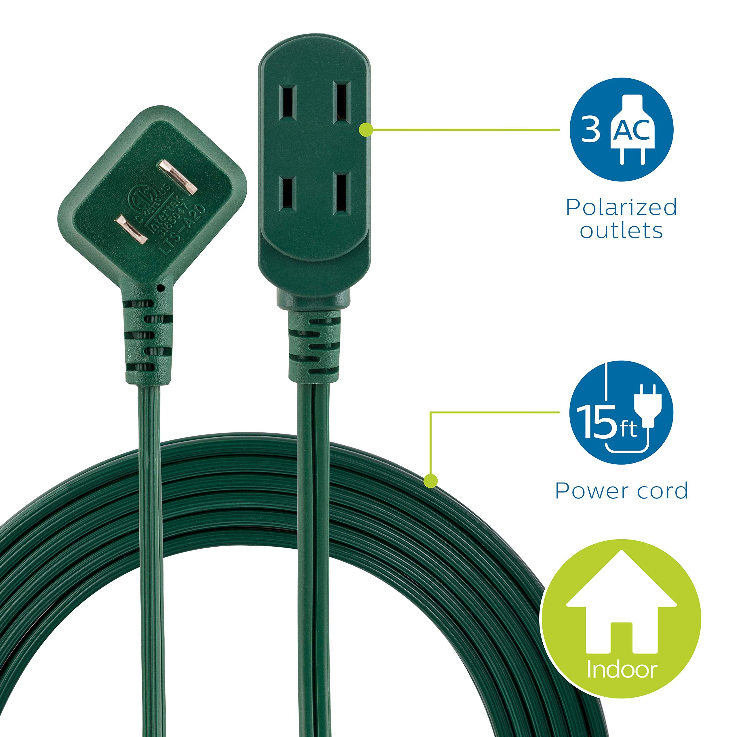Philips Extension Cord, 15 Ft, 3 Outlet Flat Plug Extension Cord, Flat Extension Cord With Multiple Outlets, 2 Prong Extension C