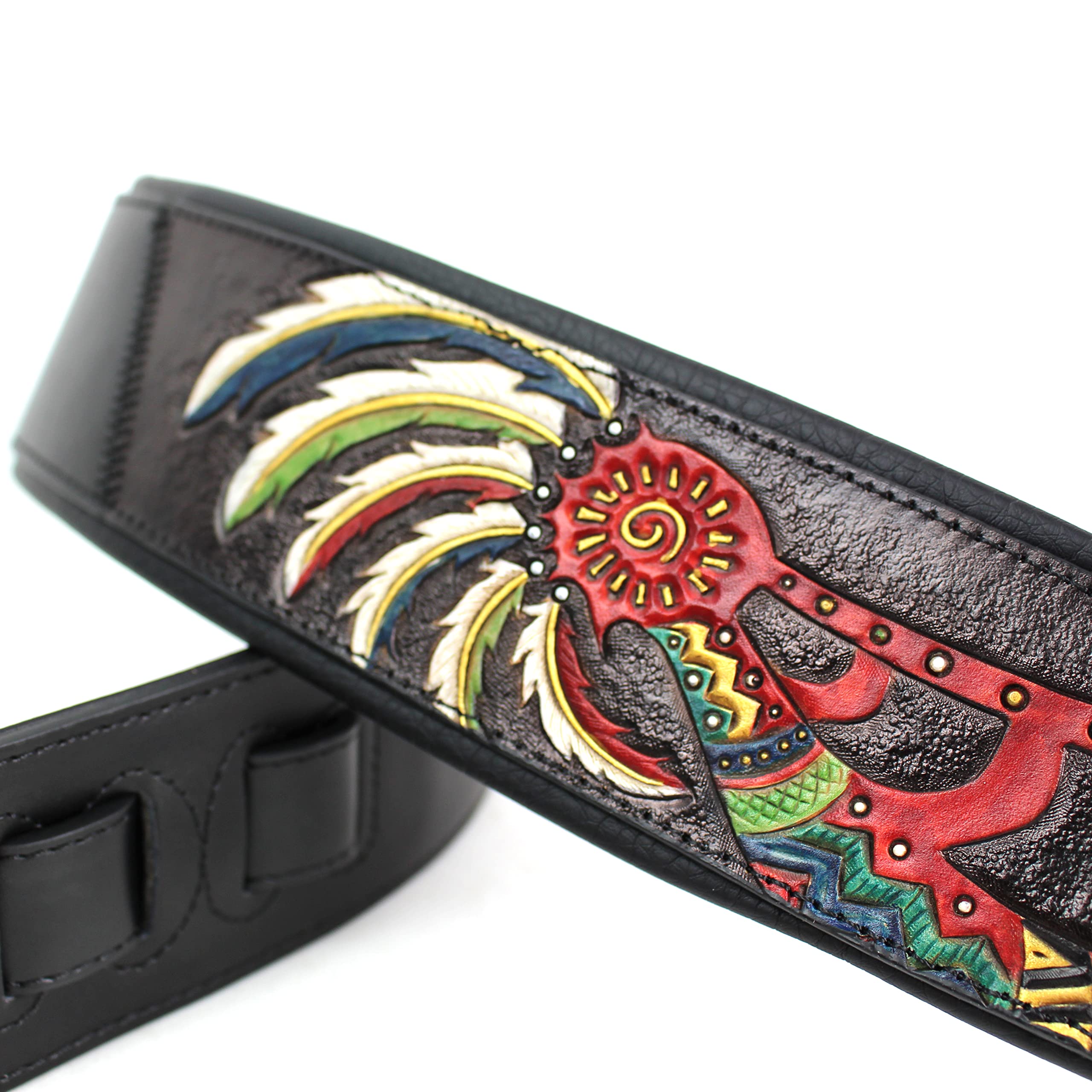 Walker And Williams Kb 56 Blk Handmade 3'' Wide Black Padded Guitar Strap With Carved Red Kokopelli Design On Premium Black Leat