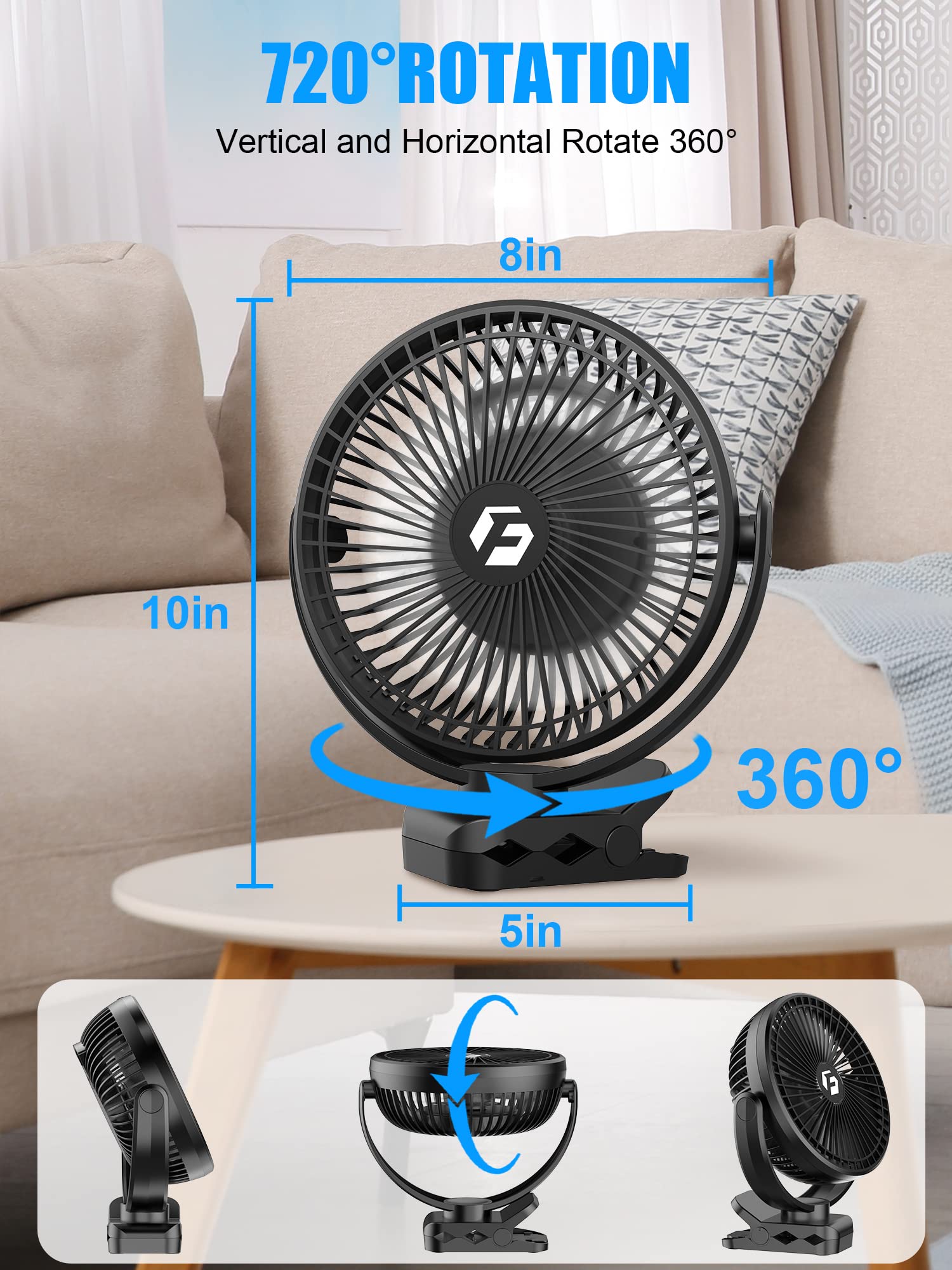 Frizcol 12000Mah 8 Inch Portable Clip On Fan,Battery Operated Camping Fan With Lights And Remote, Usb Fan Small Desk Fan Persona