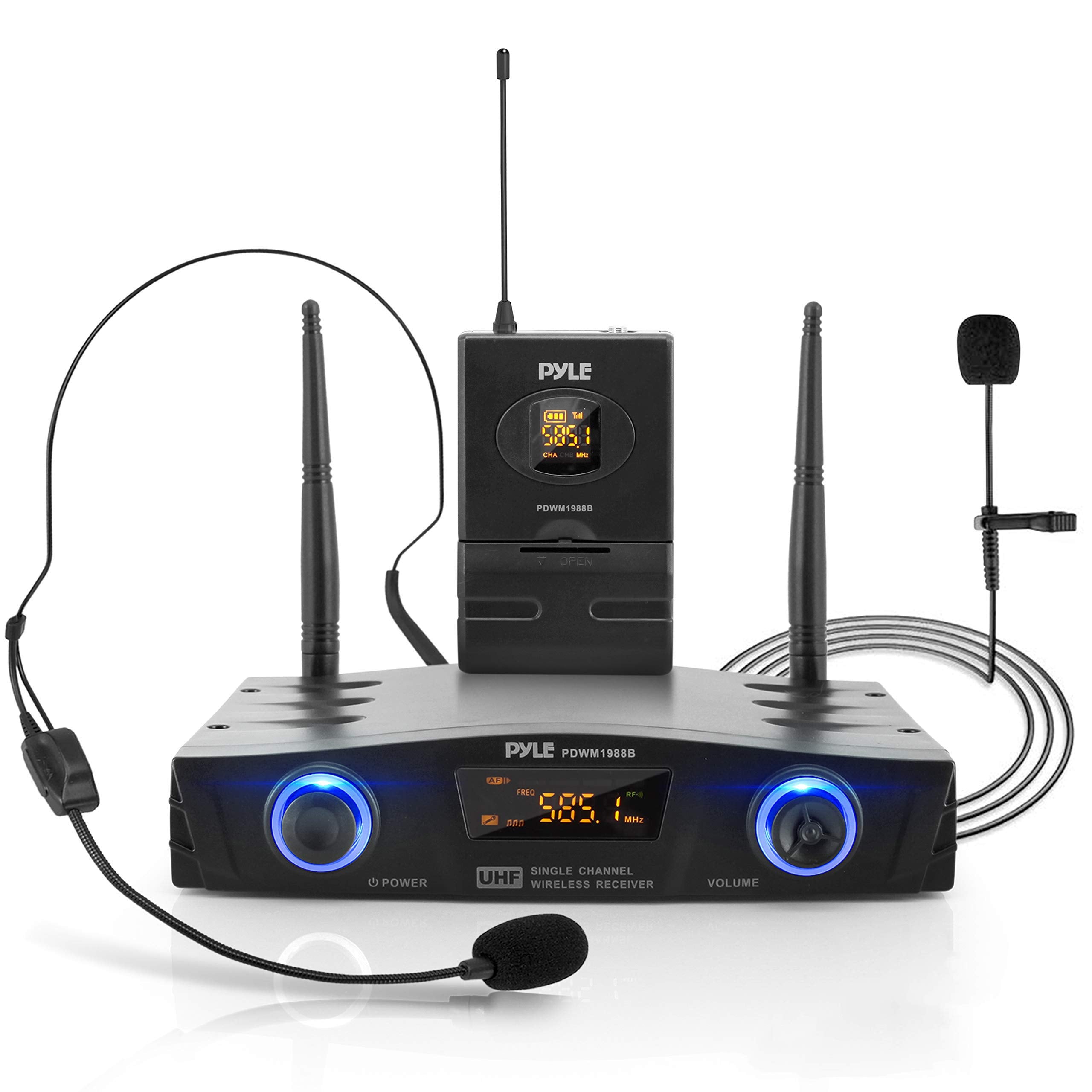 Pyle Compact Uhf Wireless Microphone System   Pro Portable 1 Channel Desktop Digital Mic Receiver Set W/ Belt Pack Transmitter, 