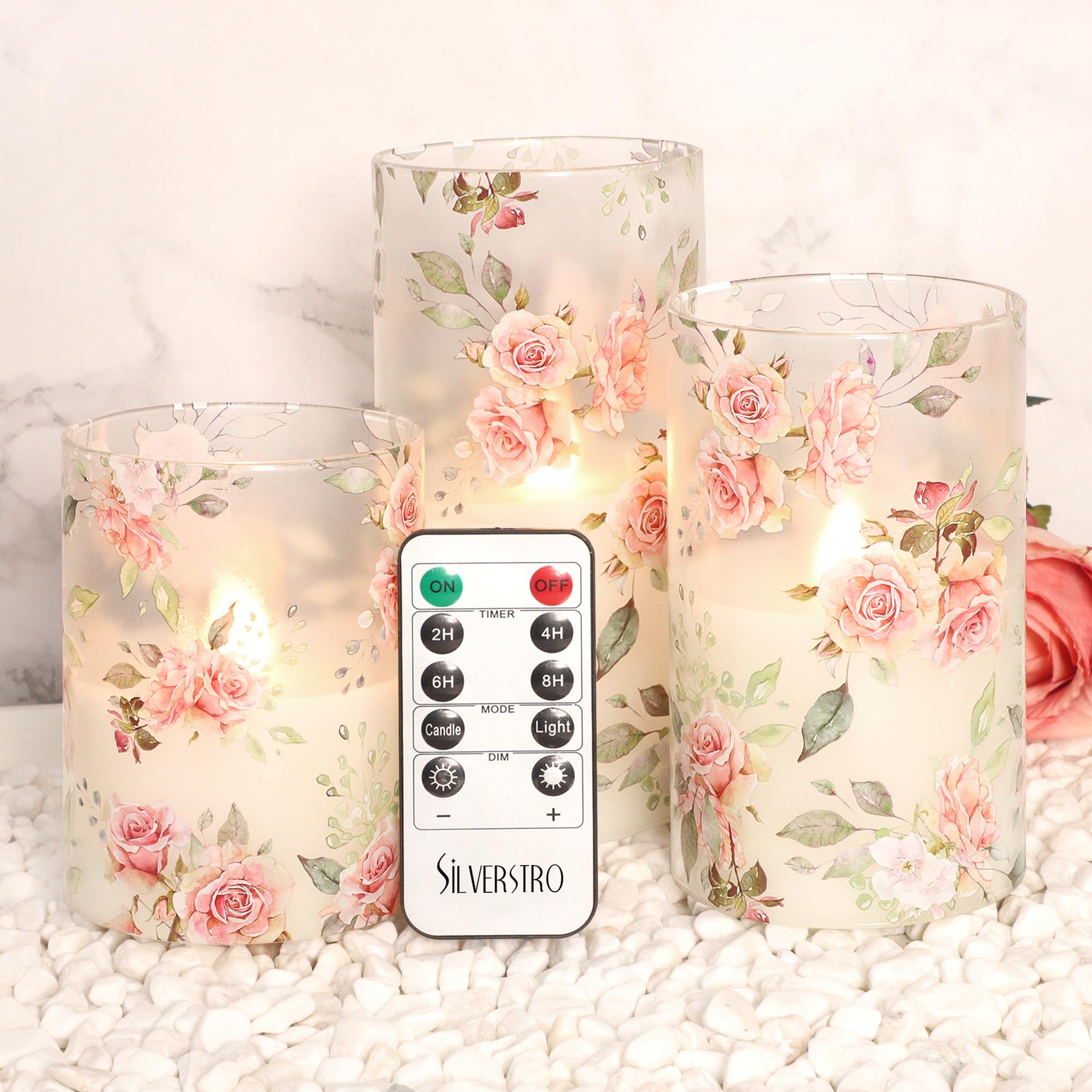 Silverstro Holiday Rose Flameless Candles With Remote Real Wax Blinks Glass Battery Operated Candles   Home Party Wedding Thanks