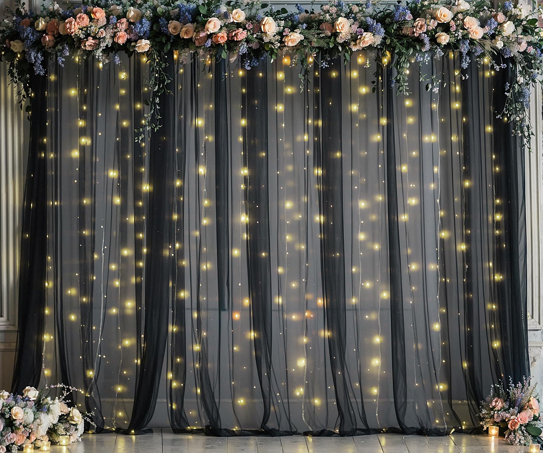10Ft X 10Ft Black Tulle Photo Backdrop Curtain With Lights String For Parties Sheer Black Curtain Backdrop For Birthday Party Ba