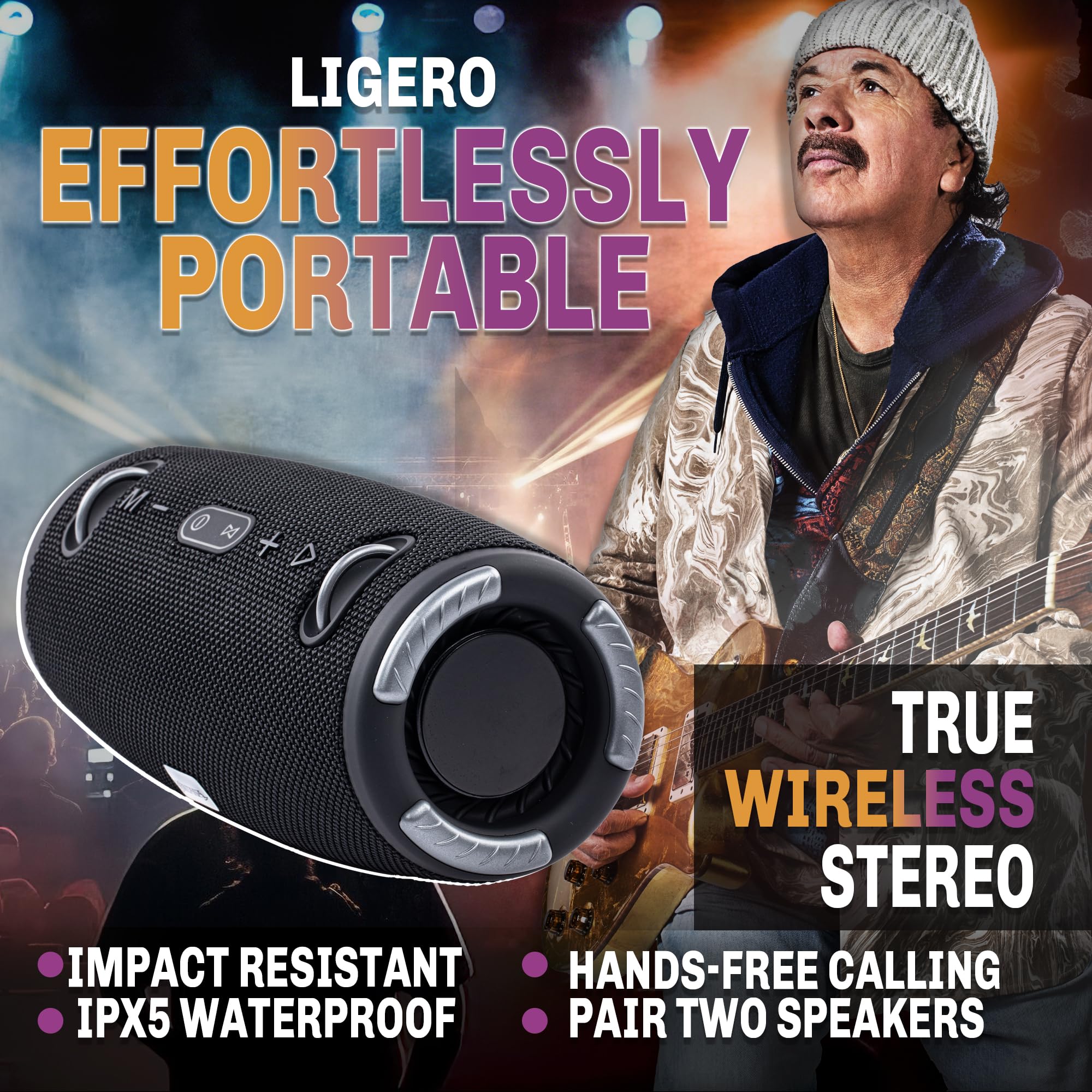 Santana By Carlos Santana Bluetooth Speaker  Effortlessly Portable True Wireless Stereo, Splash Proof Design, Up To 24 Hours Playtime, Dynamic Sound, Integrated Controls | Ligero | Black