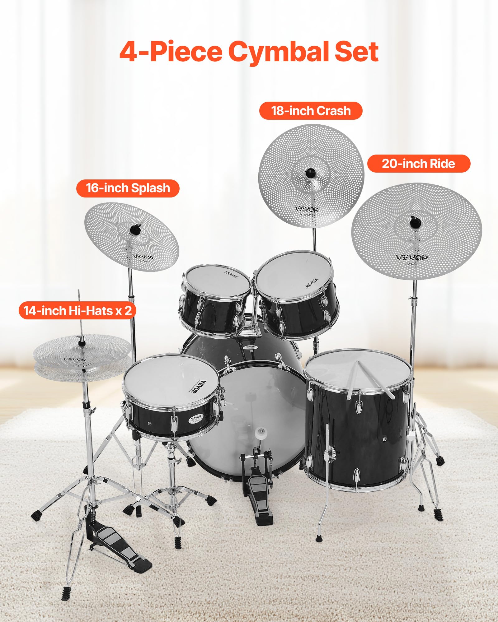 Vevor Low Volume Cymbal Pack, 5Pcs Quiet Cymbals For Drum Set, 14 Hi-Hats, 16 Crash, 18 Crash, 20 Ride, Alloy Drum Cymba