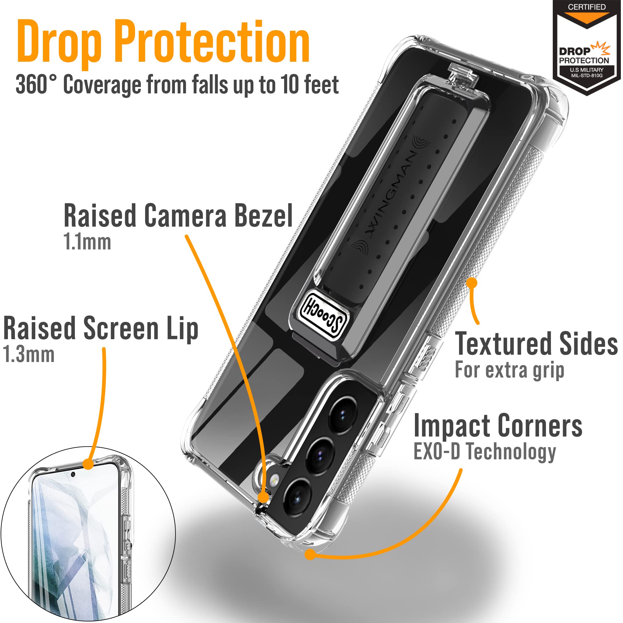 Scooch Wingman Case With Pop Out Car Mount, Grip, And Kickstand For Samsung Galaxy S22+ Plus Case [10 Ft Drop Protection] Bundle