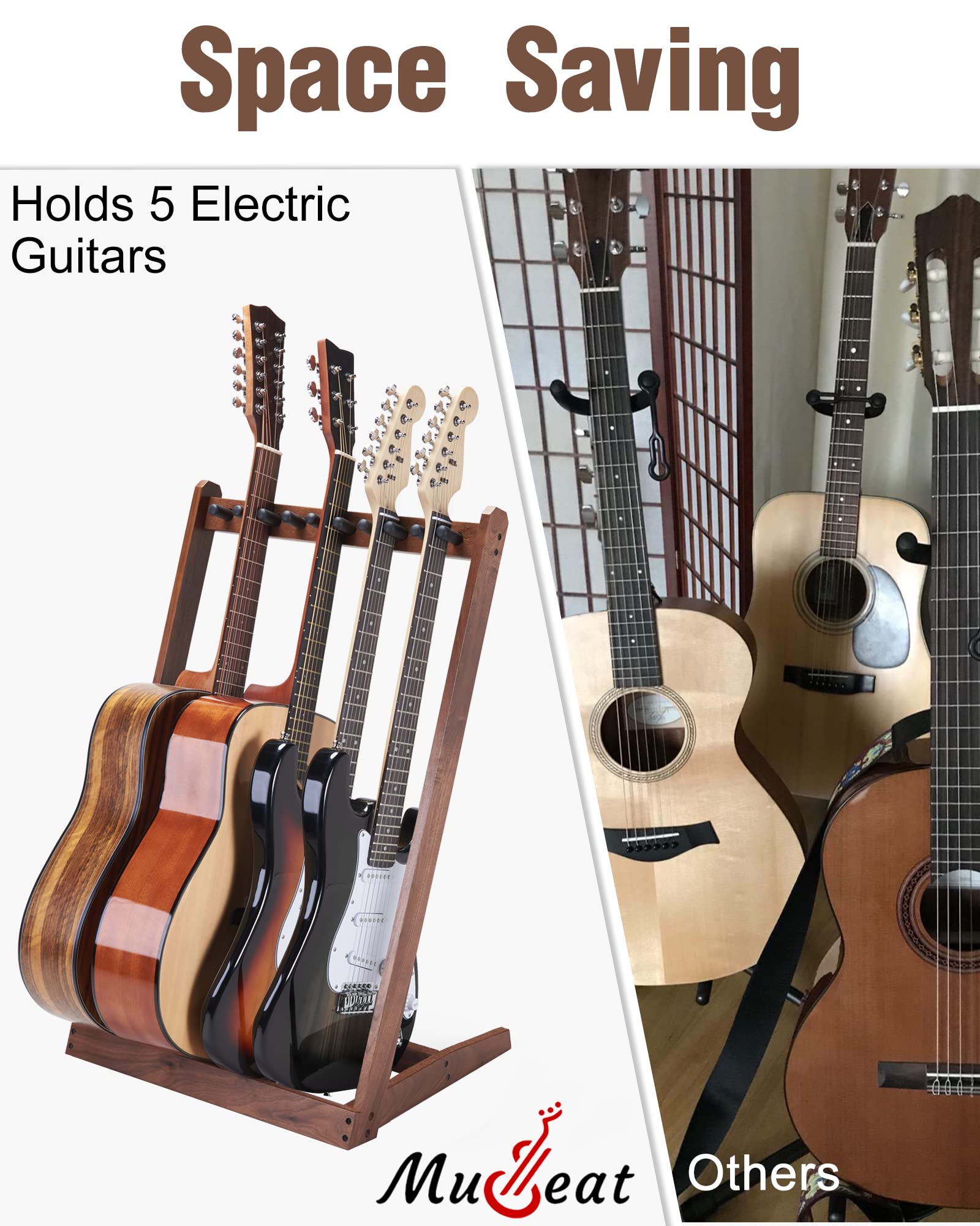 Musbeat Multi Guitar Stand - Hardwood Rack For 3 Acoustic & 5 Electric/Bass Guitars