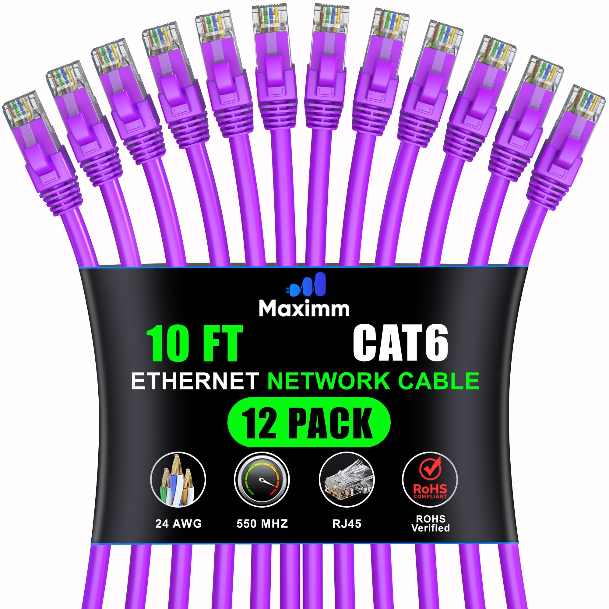 Maximm Cat 6 Ethernet Cable 10 Ft (12 Pack)   High Speed Lan Cable, Internet Cable, Patch Cable, And Network Cable   Utp, 10Gbps, 550Mhz Ethernet Cord   Purple