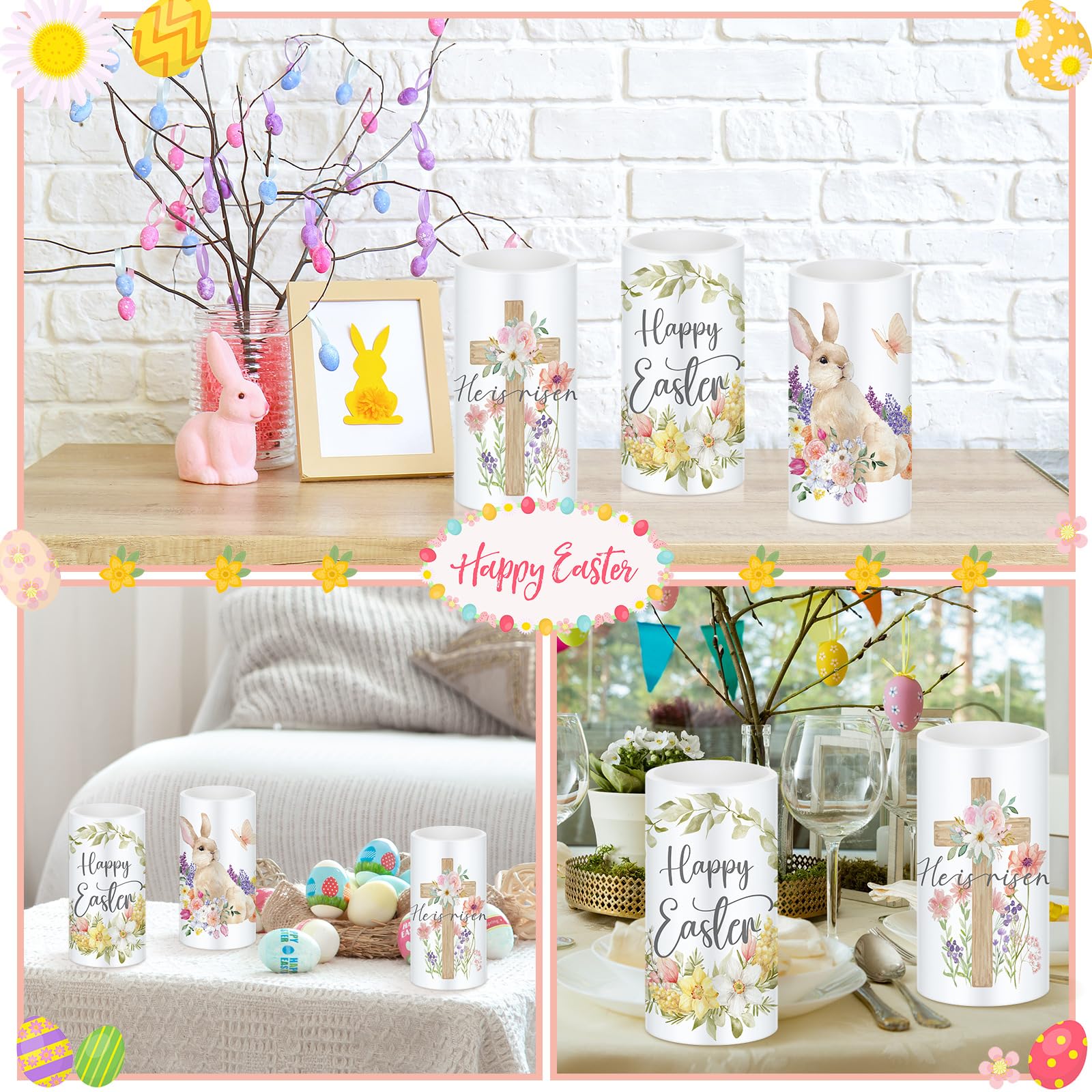 Retisee 3 Pcs Easter Led Candles Battery Operated Farmhouse Easter Bunny Flower Rabbit Spring Flameless Candles With Remote For