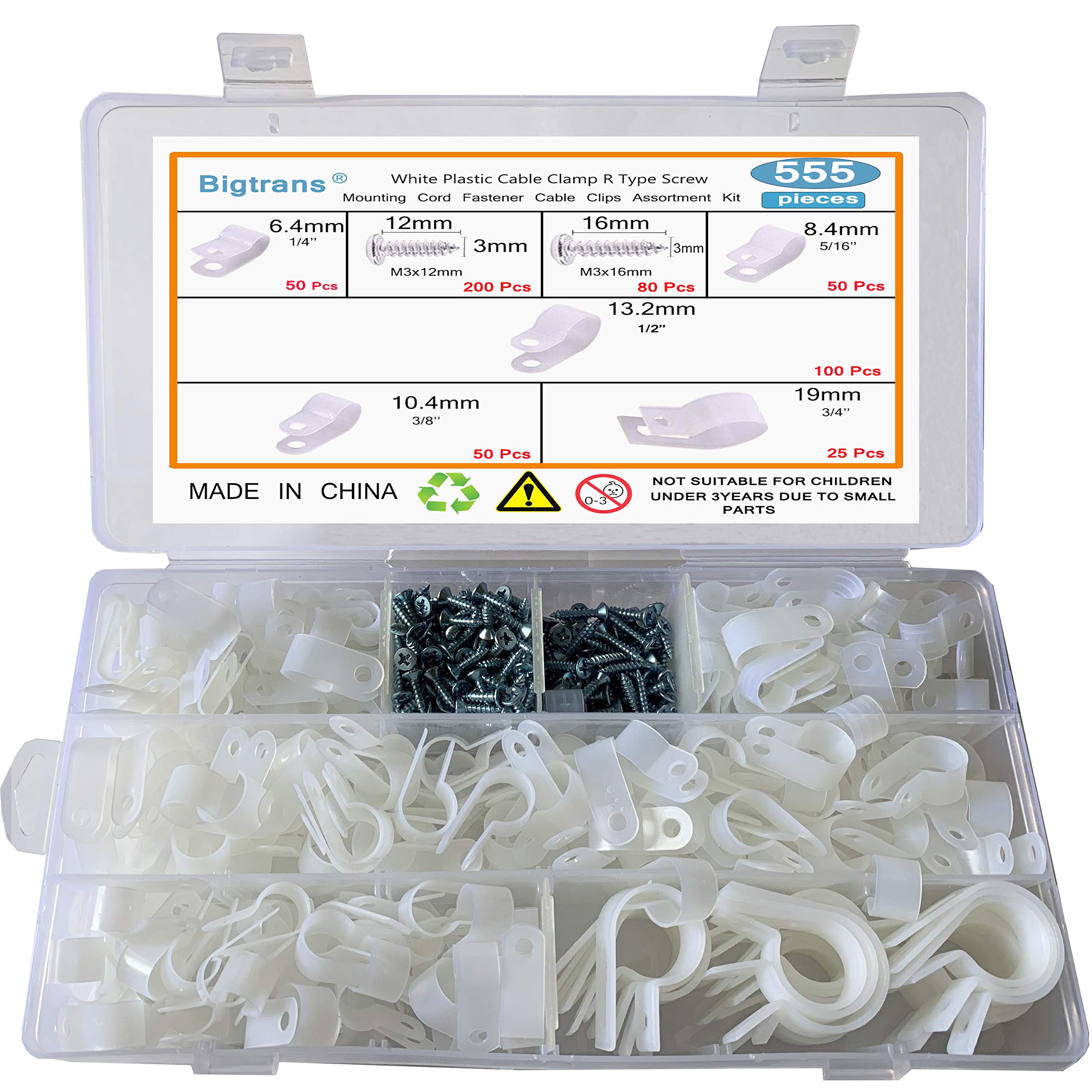Bigtrans 555 Pcs Nylon Plastic R Type Wire Clips With Screws 1/4'' 5/16'' 3/8'' 1/2'' 3/4'' Clamps Fasteners Assortment For Cabl