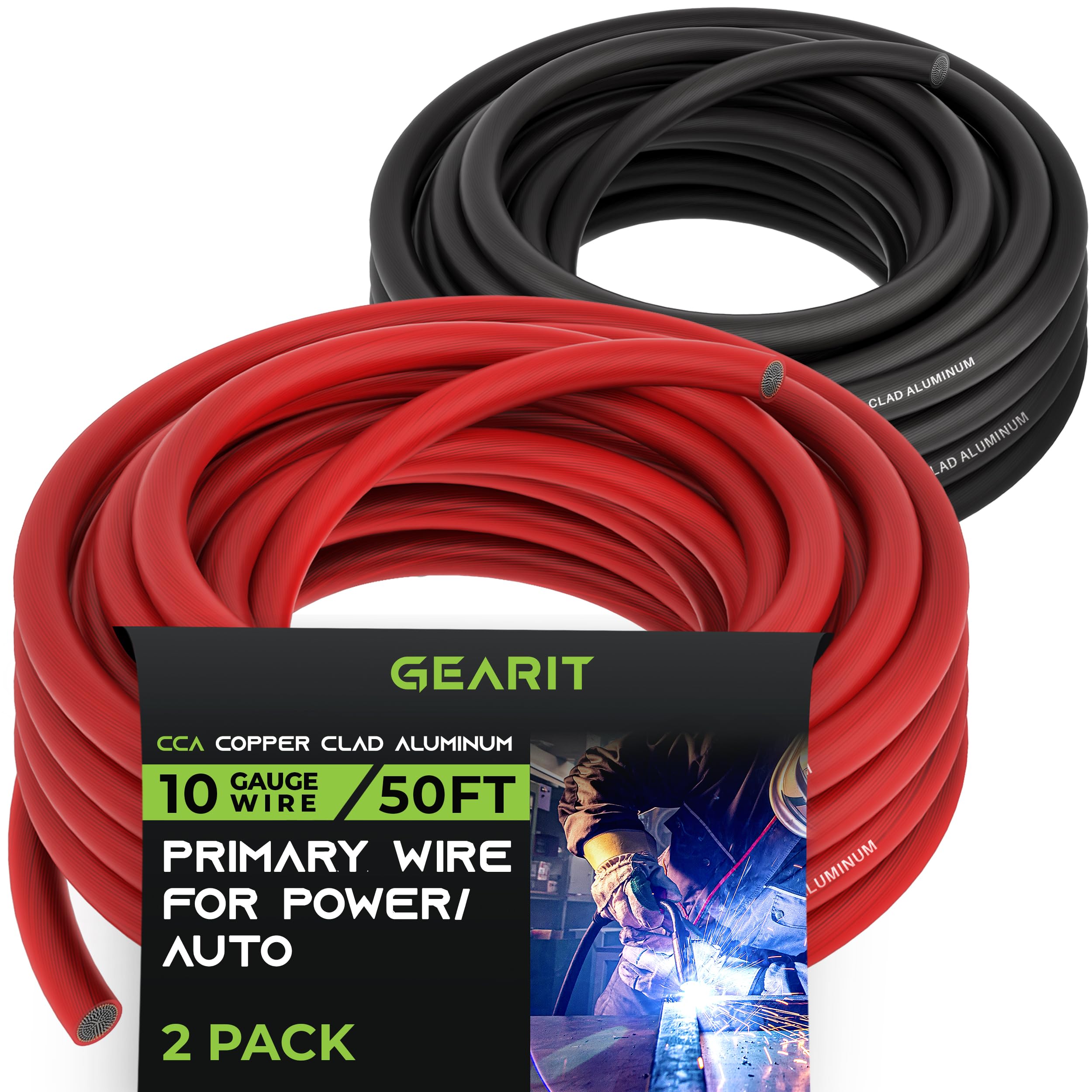 Gearit 10 Gauge Wire (150Ft Each   Black/Red) Copper Clad Aluminum Cca   Primary Automotive Power/Ground For Battery Cable, Car