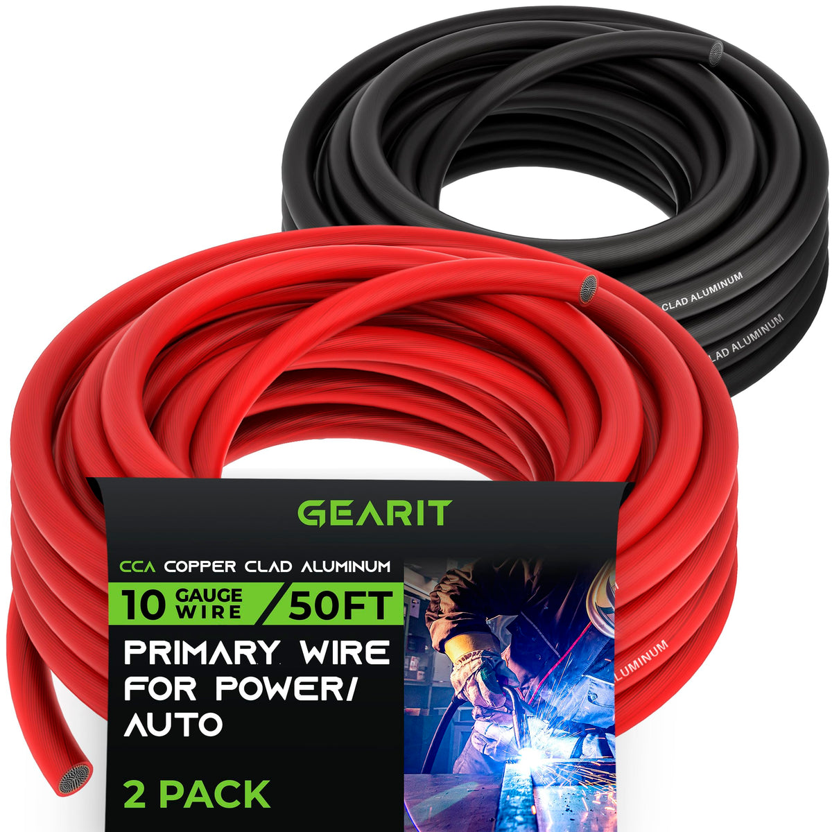 Gearit 10 Gauge Wire (150Ft Each   Black/Red) Copper Clad Aluminum Cca   Primary Automotive Power/Ground For Battery Cable, Car