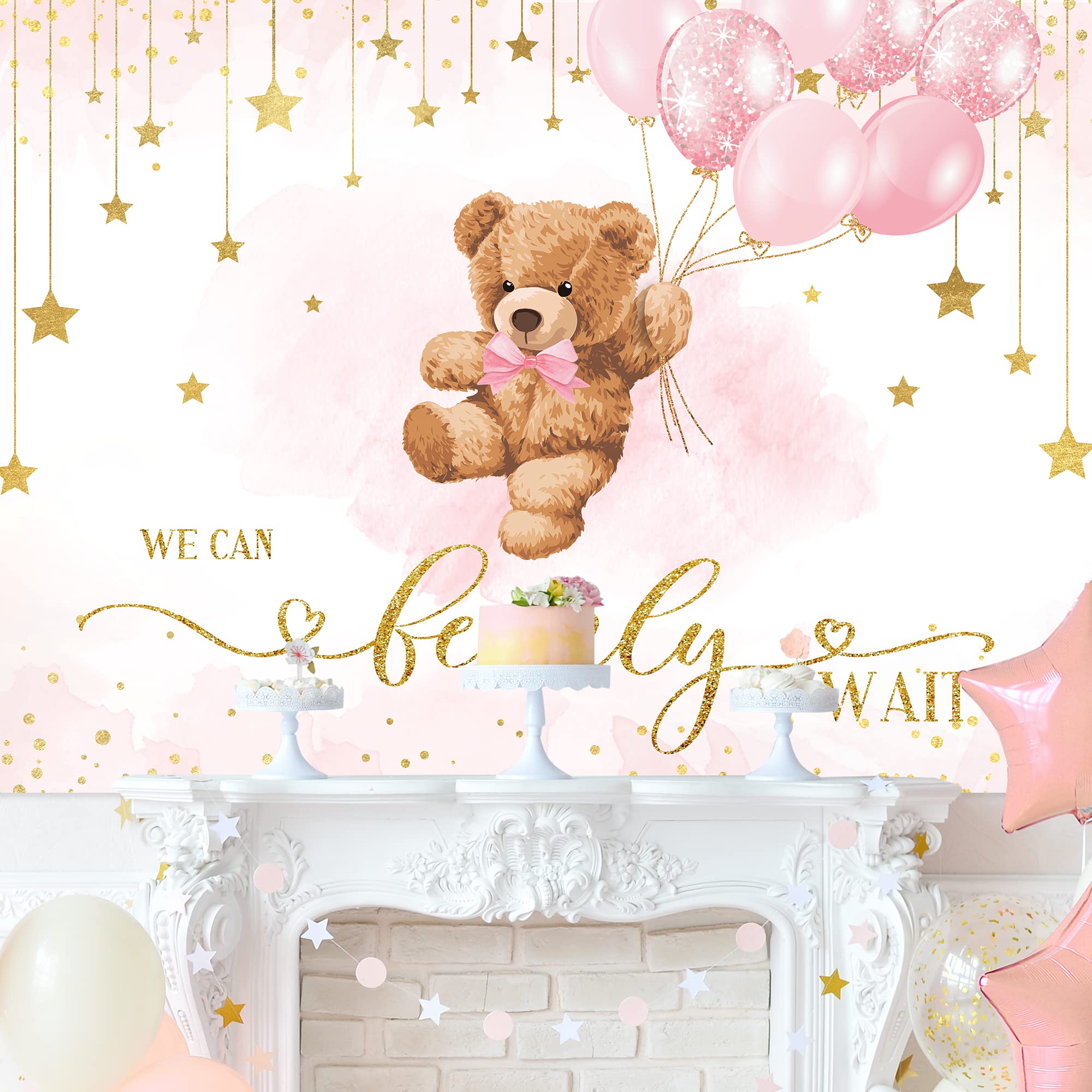 Lightinhome Bear Girl Baby Shower Backdrop 7Wx5H Feet We Can Bearly Wait Pink Balloons Gold Star Cartoon Brown Bear Girl Baby Sh