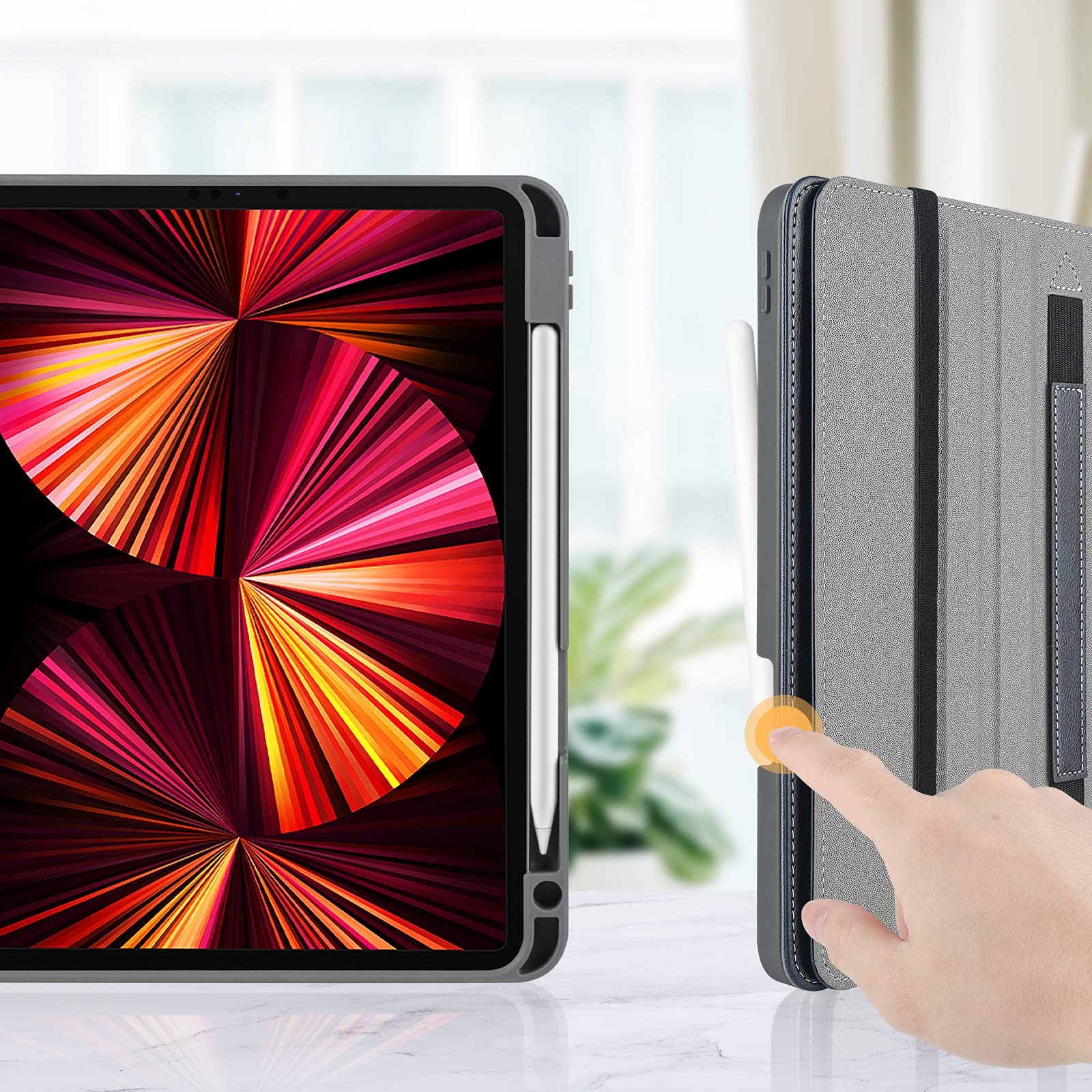 Ipad Pro 12.9 5Th Generation Case With Pencil Holder And Pocket, Multiple Angles Viewing Flip Folio Protective Cover Auto Sleep/