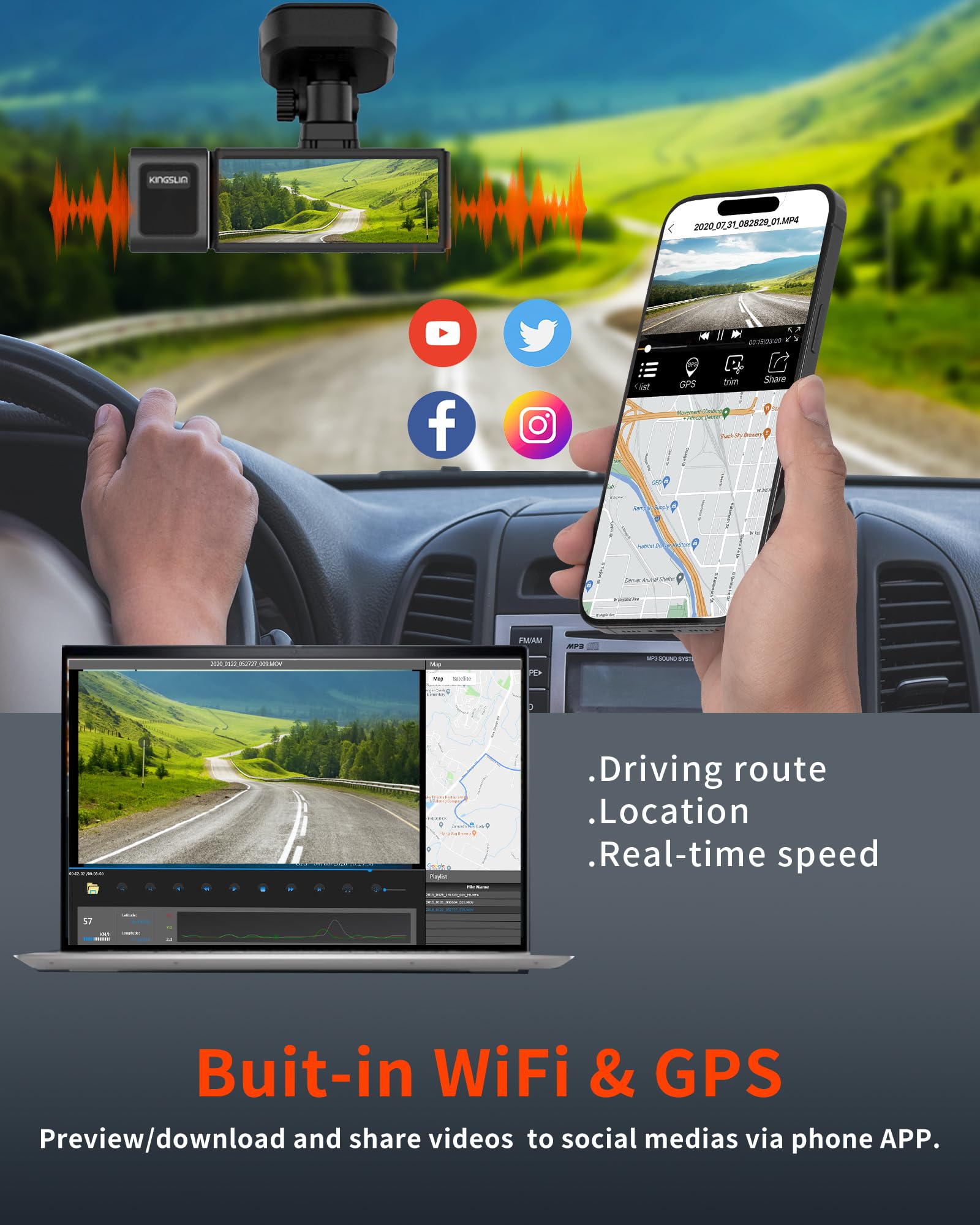 Kingslim D4Pro Dash Cam Front And Rear   4K + 2K Dual Car Dashcam With Wifi Gps Dash Camera, Optional Inside Recording, Voice Co