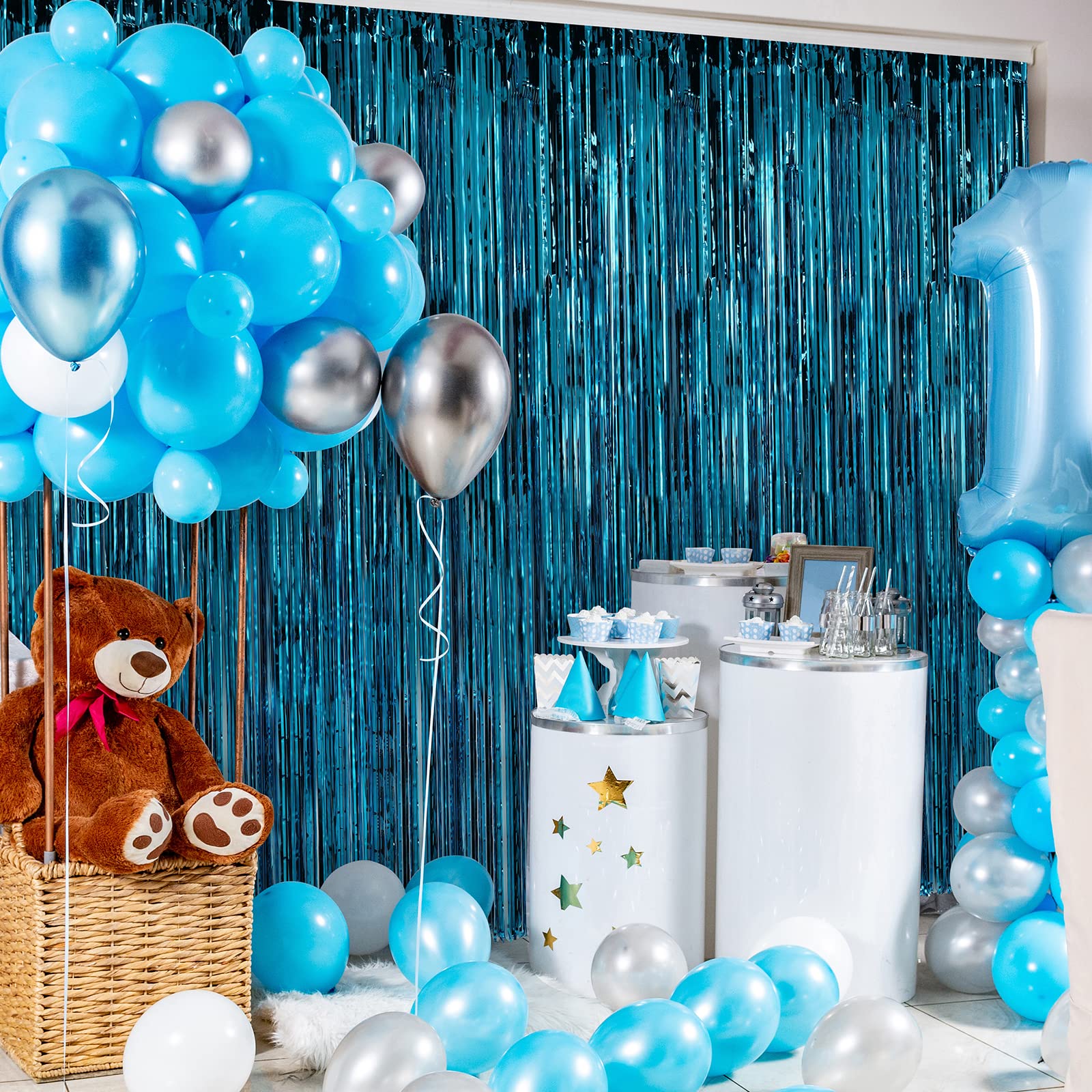 Crosize 2 Pack 3.3 X 9.9 Ft Blue Foil Fringe Curtains Party Decorations, Blue Tinsel Curtain Backdrop For Parties, Door Streamer