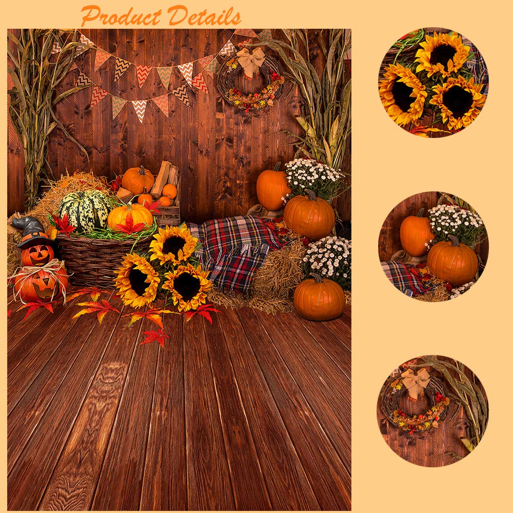 Ouyida 5X7Ft Fall Thanksgiving Wooden Floor Barn Autumn Pumpkins Maple Leaves Sunflower Baby Portrait Party Halloween Decoration Vinyl Photography Backdrop Photo Booth Background Studio Prop Tp295