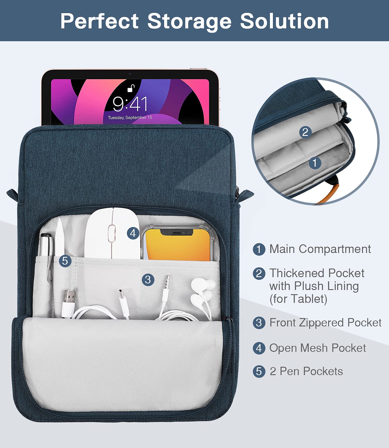 MoKo 9 11 Inch Tablet Sleeve Bag Handle Carrying Case with Shoulder Strap Fits New 11 inch iPad Pro M4/iPad Air M2, iPad 10th 10.9, iPad 9/8/7th 10.2, iPad Air 5/4th 10.9, Tab S8/S9 11, Indigo