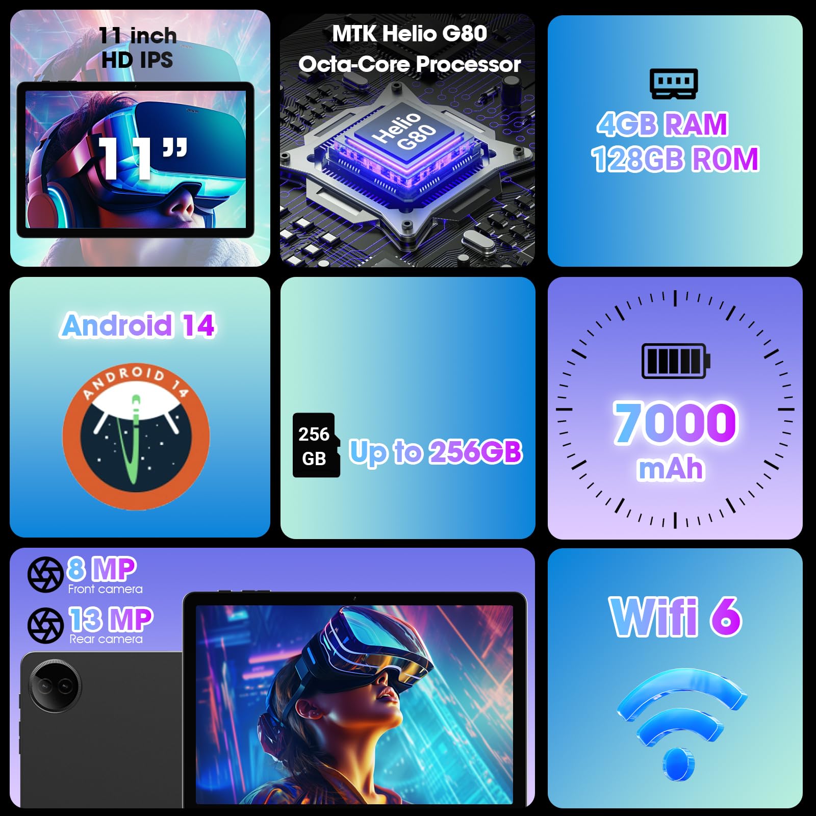 2025 Android 14 New Tablet 11 Inch Tablets For Adults And Kids,Mediatek Octa-Core Hd Isp Display Gray Android Gaming Tablet 12Gb