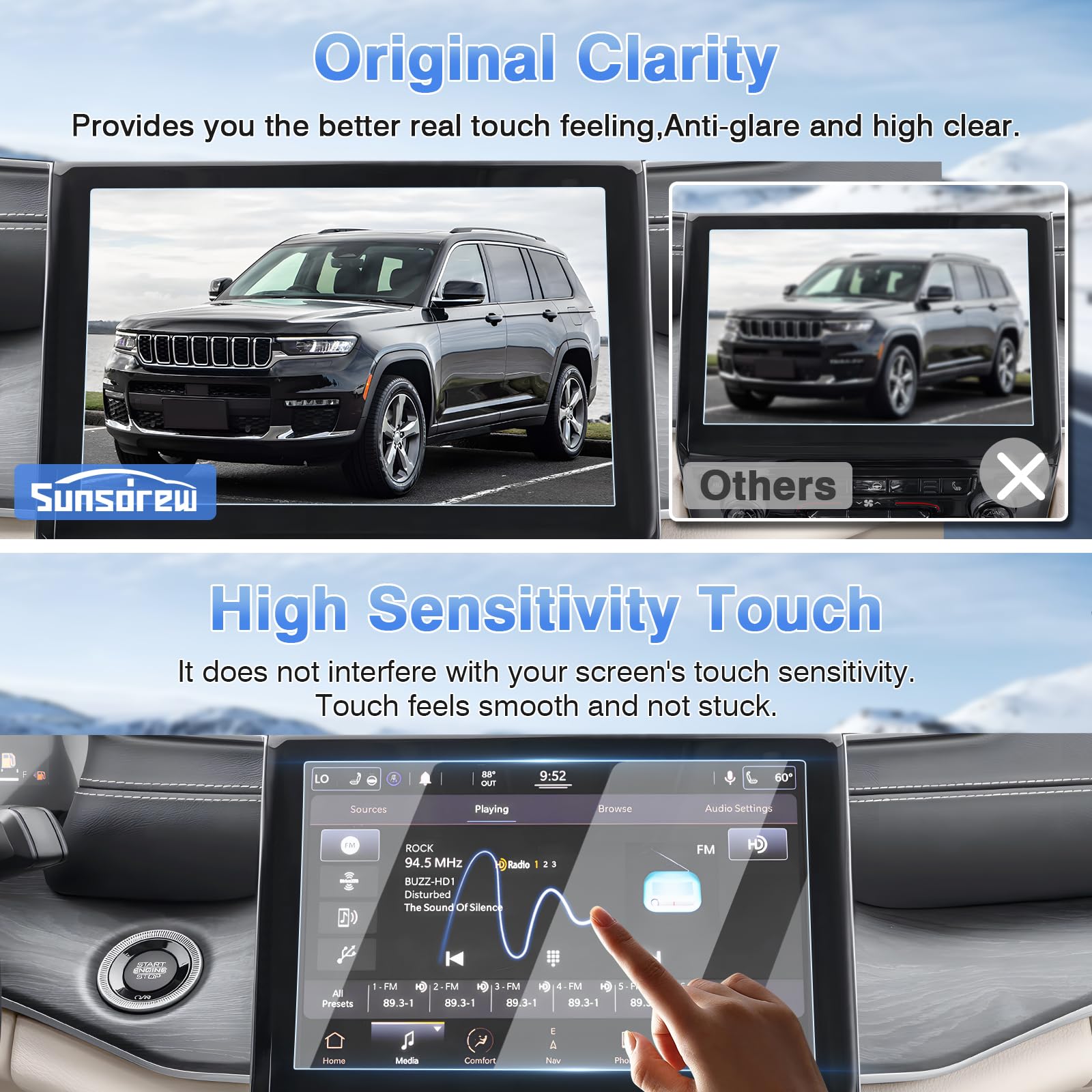 Sunsdrew 2Pcs Screen Protector For 2021 2023 2024 Jeep Grand Cherokee L Accessories 10.1 Inch Grand Cherokee L Touch Screen Radio Display Protector 9H Tempered Glass Protective Film Anti Glare