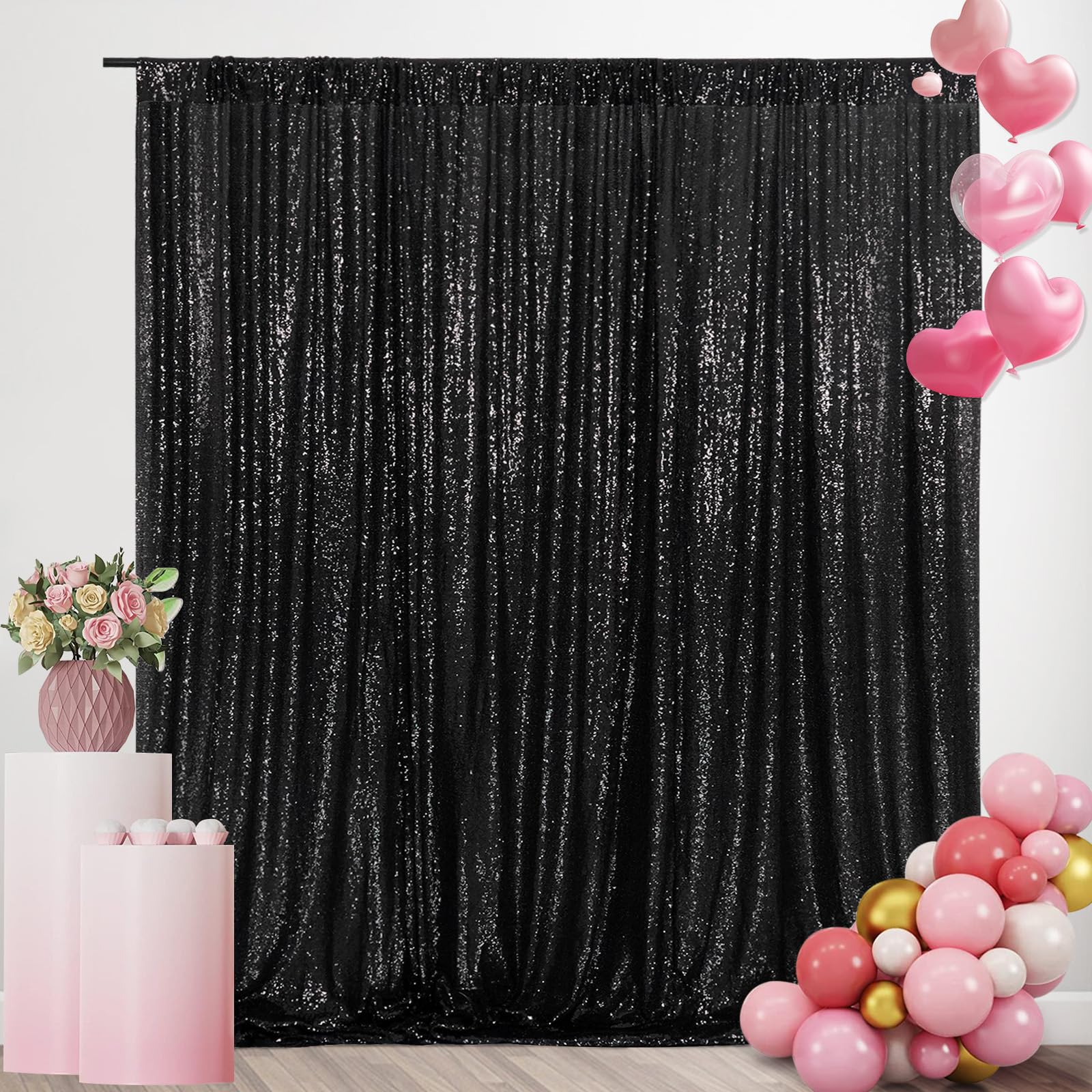 Squarepie Sequin Backdrop 5Ft X 7Ft Black Background Sparkly Curtain For Halloween Wedding Party
