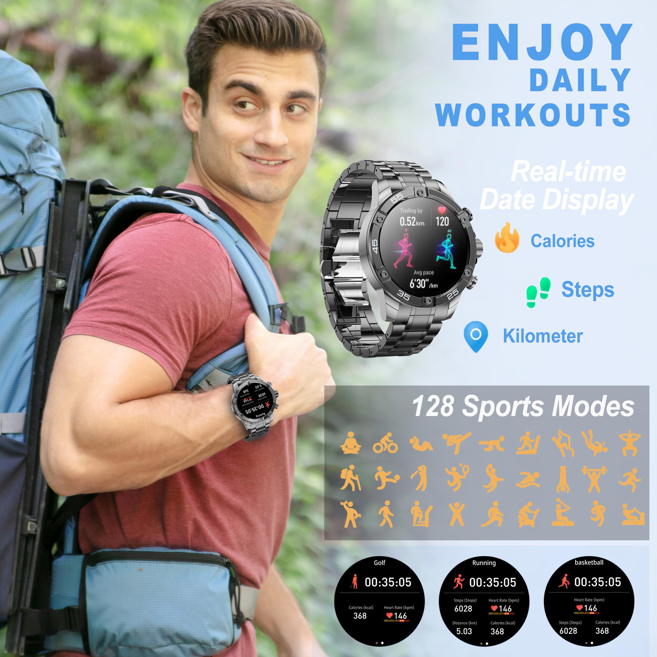 Ohugna Men S Smart Watch Round Hd 1.53  Gold Blue Smart Watches For Men, Multiple Sports Modes, Bluetooth Voice Call. Available