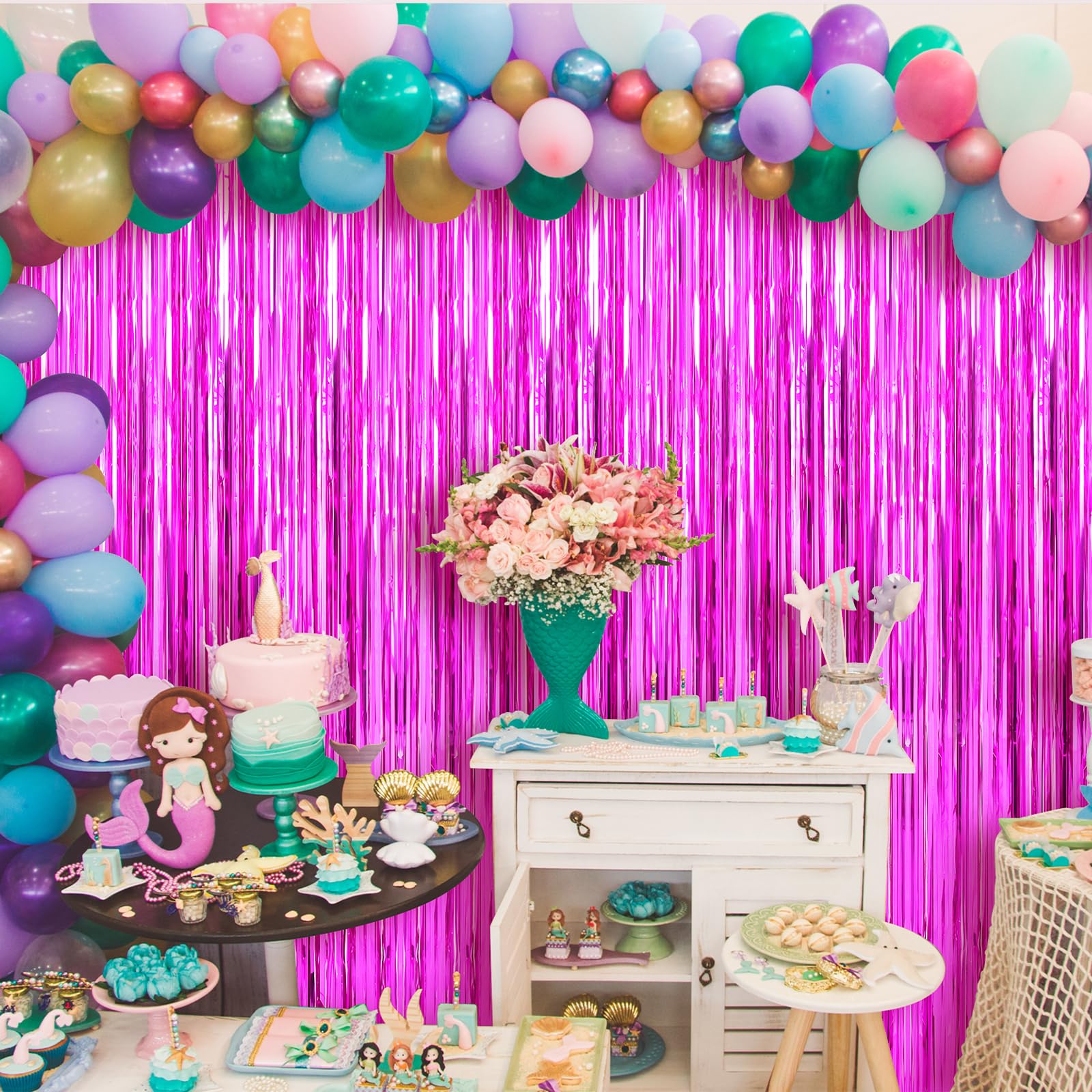 Crosize 2 Pack 3.3 X 9.9 Ft Hot Pink Foil Fringe Backdrop Curtain, Streamer Backdrop Curtains, Streamers Birthday Party Decorati