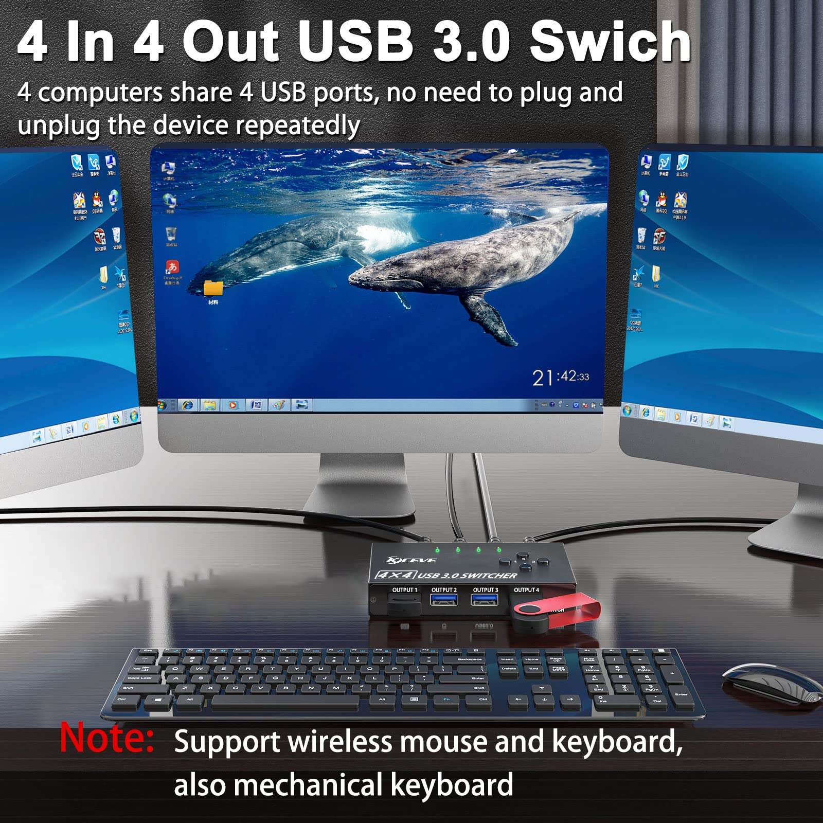 Usb 3.0 Switch Selector 4 Port,Mleeda Kvm Switcher 4 Computers Sharing 4 Usb Devices,Usb Peripheral Switcher For Keyboard Mouse